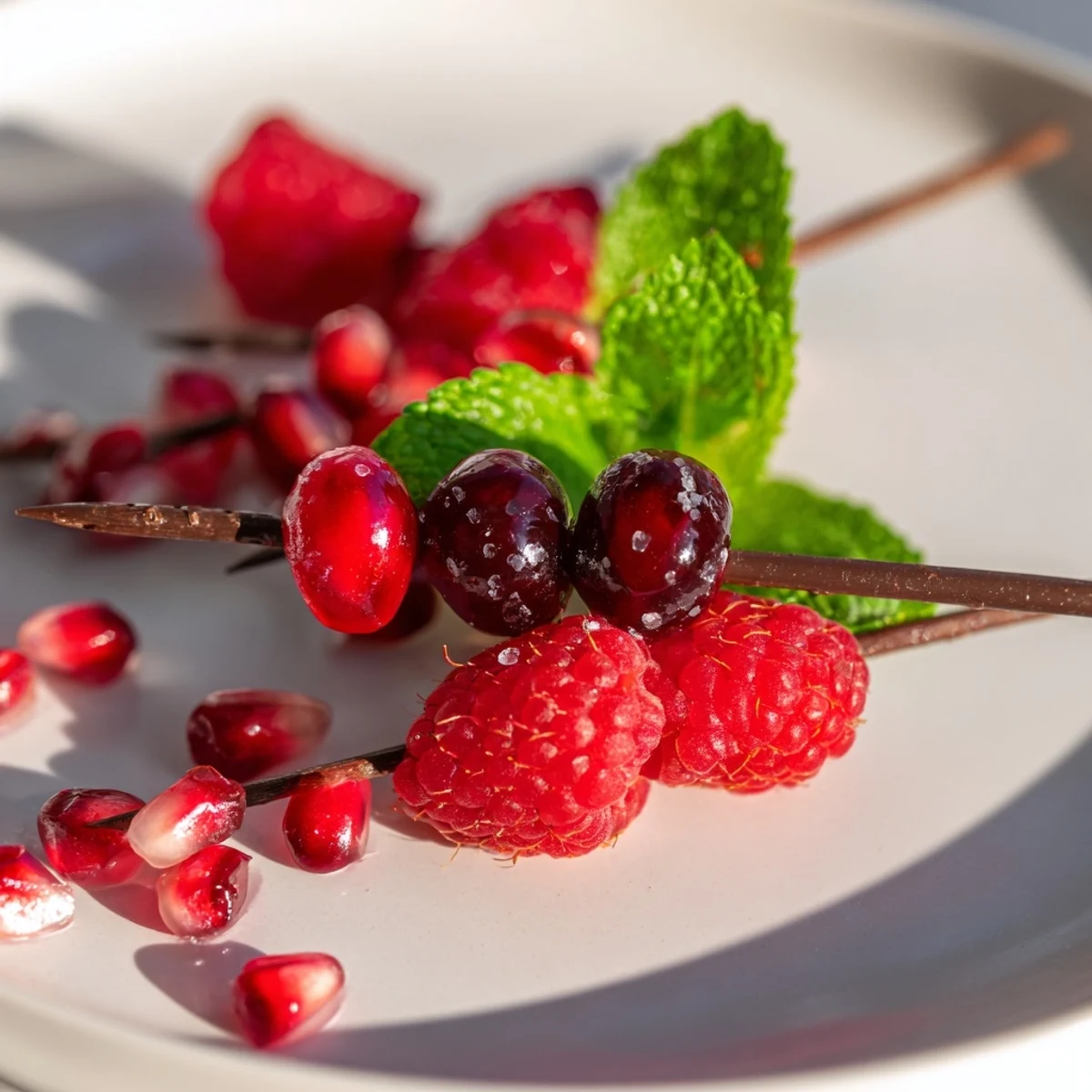 Midnight Baisers de Minuit cocktail garnishes with vibrant pomegranate seeds and fresh raspberries.