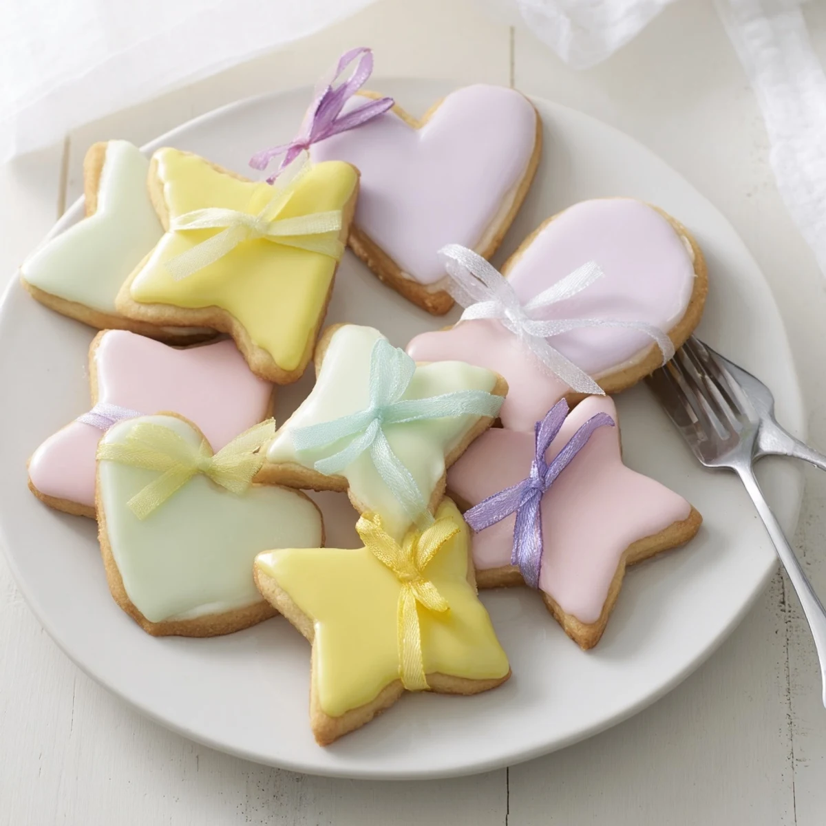 Delicate Mignonneries Coeurs et Étoiles Rubans cookies, dusted with icing, ready for sharing and gifting.