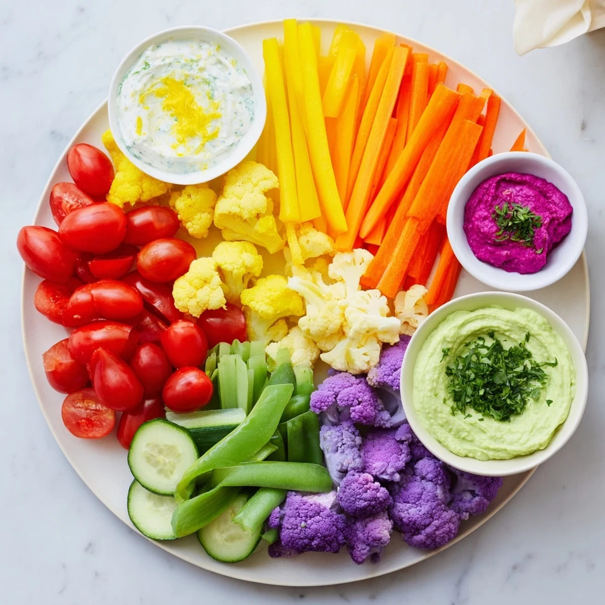 Vibrant arrangement of Rainbow Vegetable Dips, including rich beet hummus and creamy avocado.