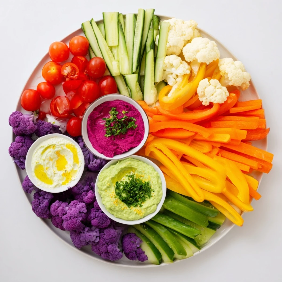 Crisp, colorful vegetables await dipping into delicious homemade dips, featuring these Rainbow Vegetable Dips.