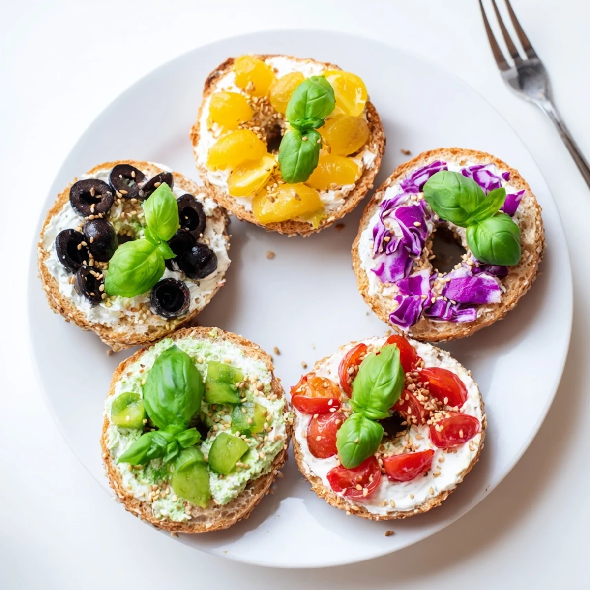 Mini bagels form the colorful Olympic Rings Medal Appetizer, each topped with delicious cream cheese.