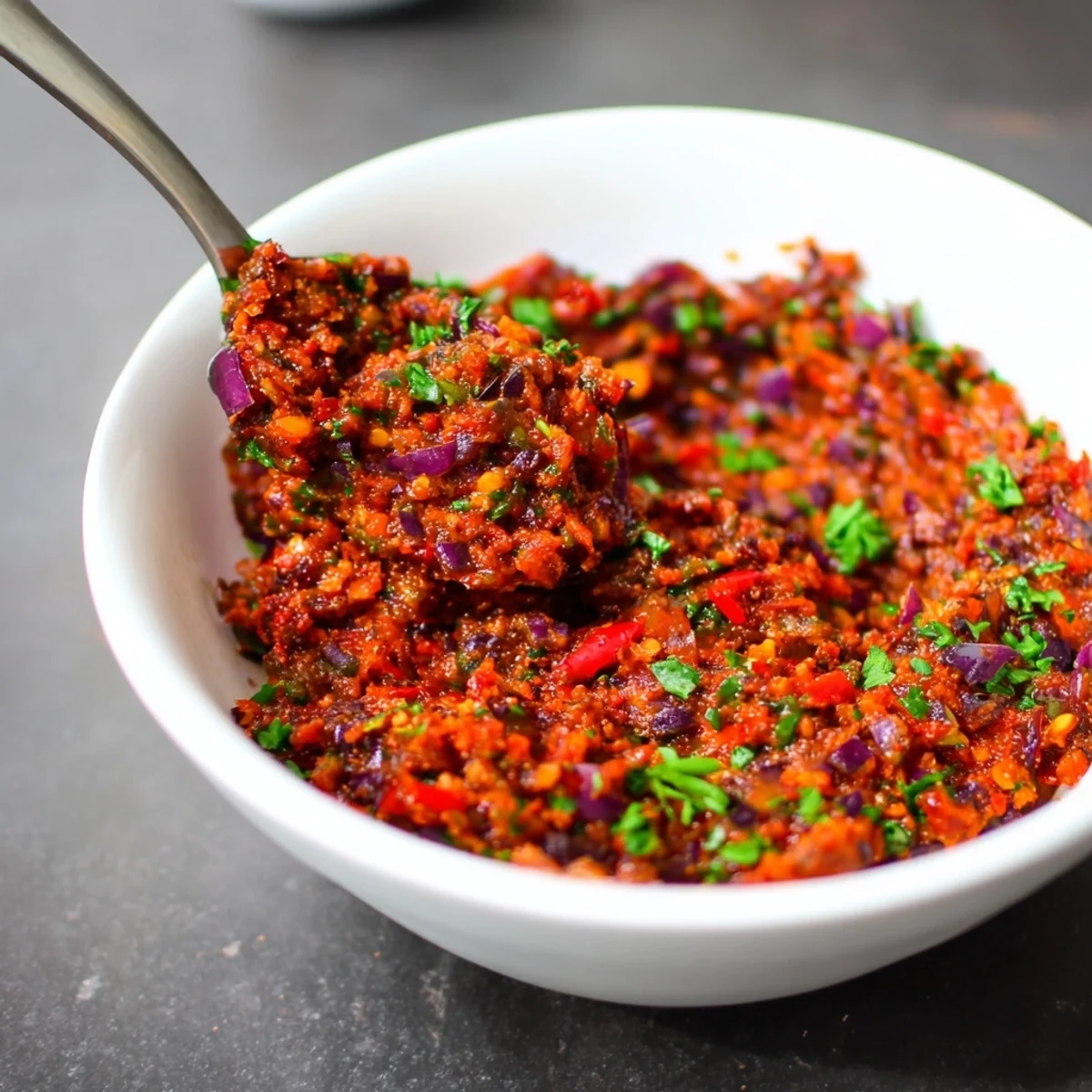 Close-up of the flavorful Volcanic Lava Spicy Dip, showcasing its creamy texture with fresh herbs.