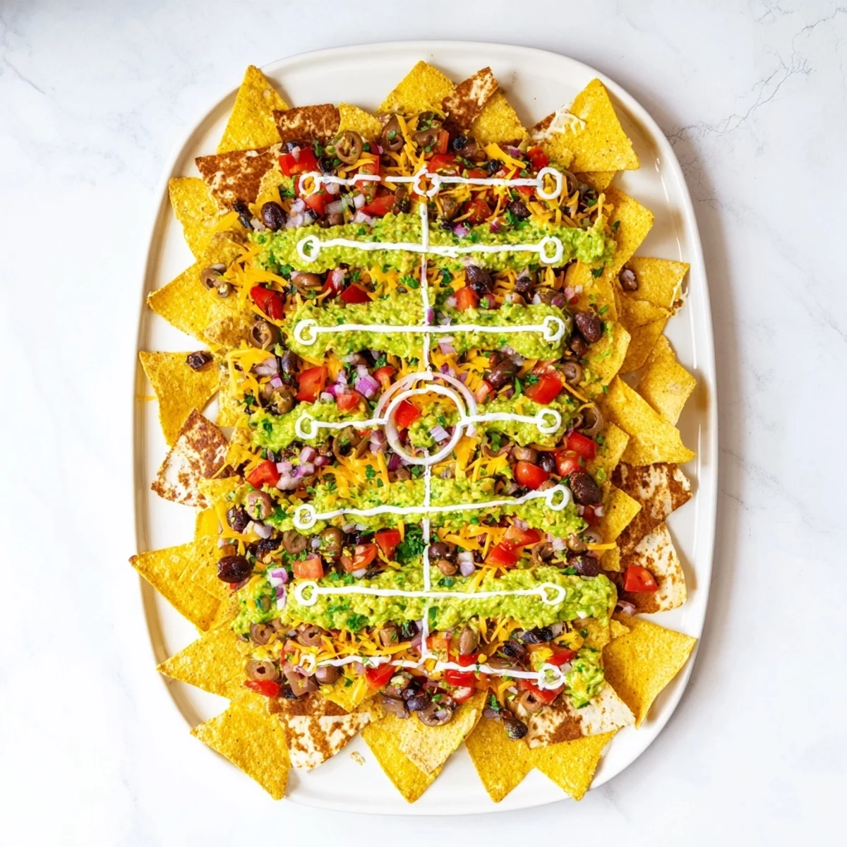 A vibrant, fully loaded Football Field Nacho Platter, complete with sour cream yard lines and delicious toppings.