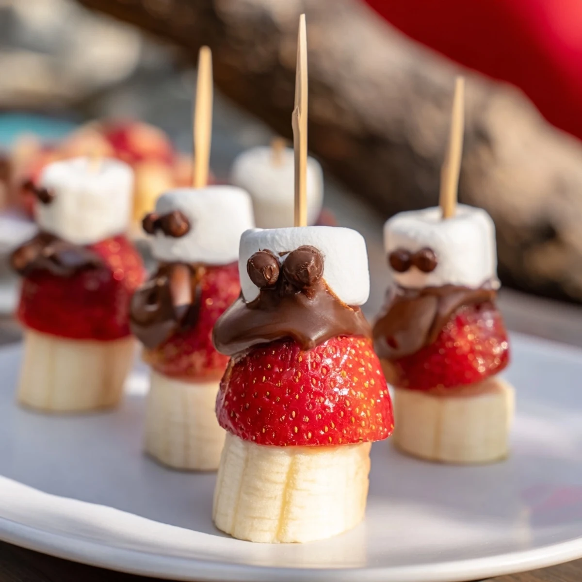 Easy-to-make strawberry banana Santa sticks, piled high with fruit and marshmallow snow, ready to eat.