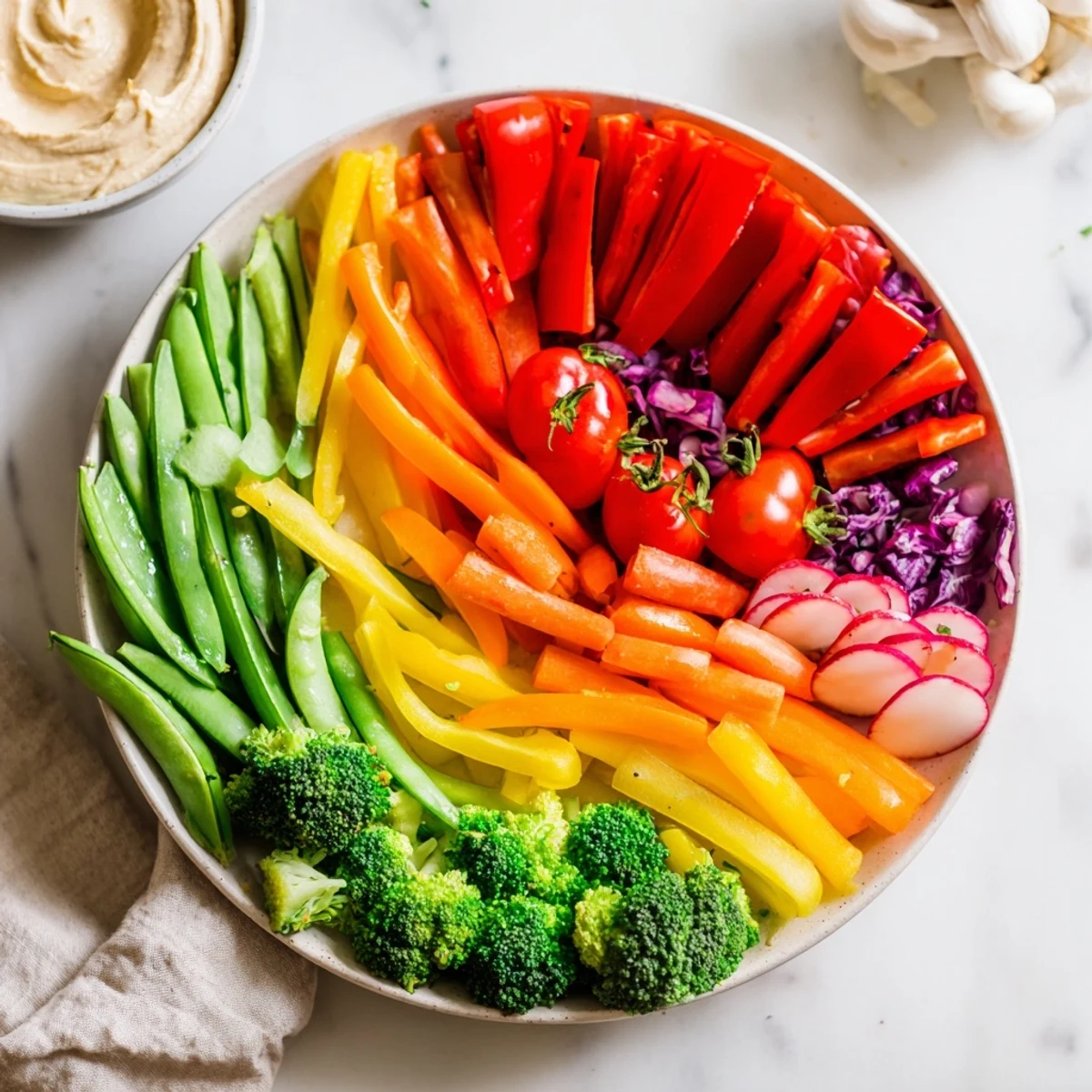 Beautifully arranged Colorful Vegetable Rainbow Board showcasing a cheerful array of fresh, colorful vegetables perfect for dipping.