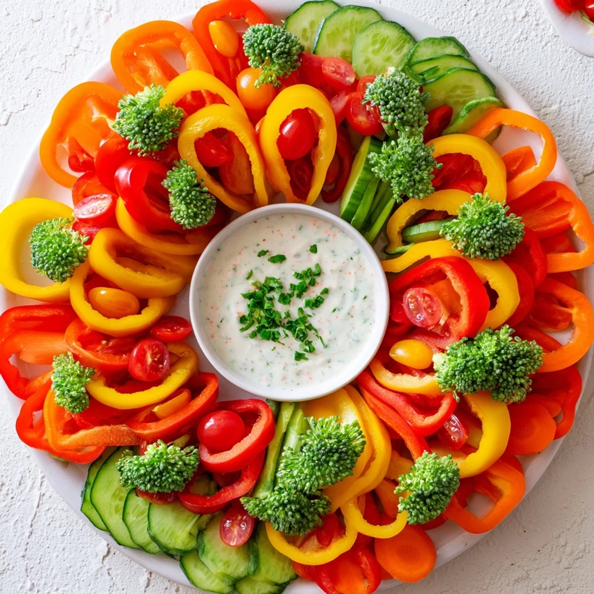 Vibrant Festive Bell Pepper Wreath appetizer, showing colorful bell peppers and crisp veggies around a creamy dip.