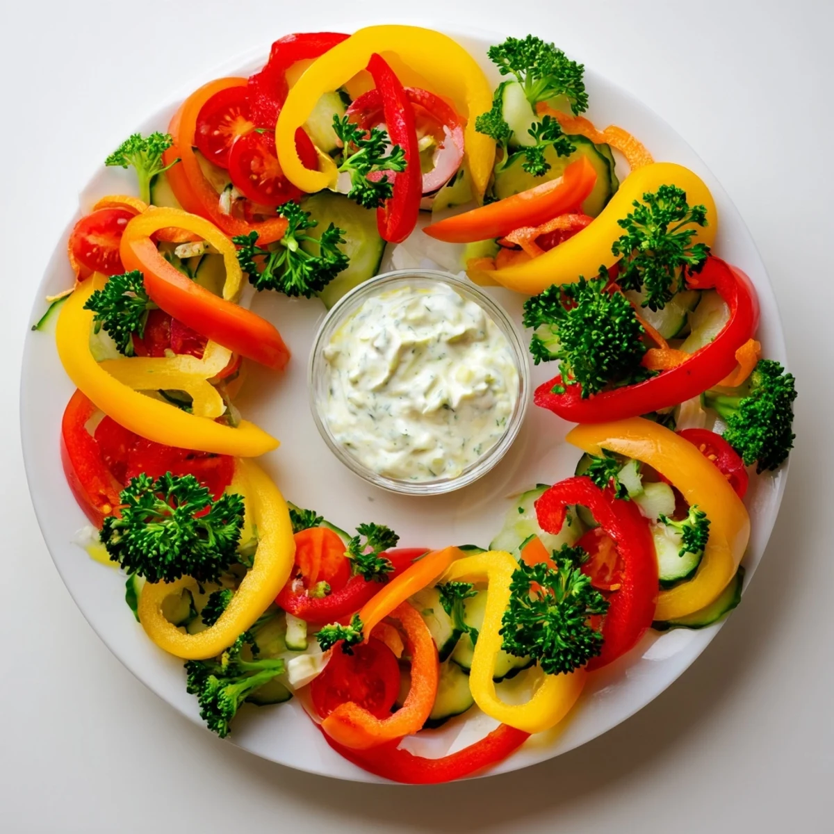 A delicious close-up of the completed Festive Bell Pepper Wreath, beautifully arranged and ready to serve with dip.
