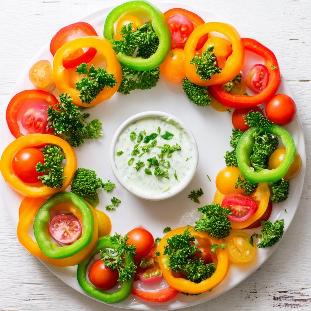 This Festive Bell Pepper Wreath recipe offers a gorgeous holiday appetizer featuring fresh, colorful vegetables.