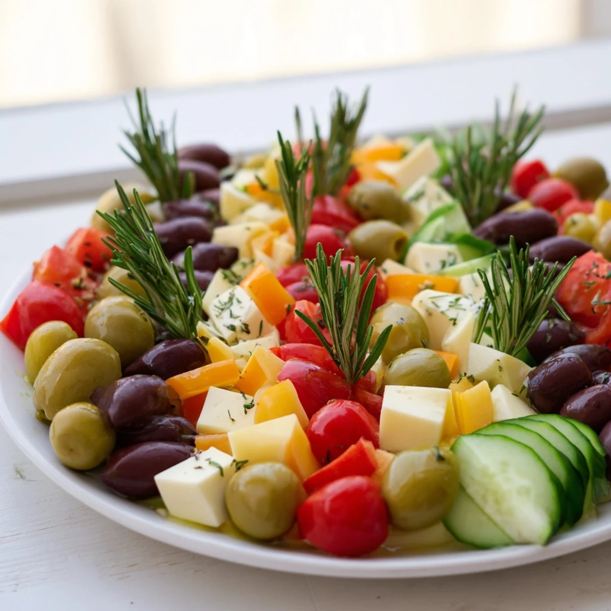 Delectable cheese & olives pine tree appetizer; a savory wreath with fresh rosemary and bright cherry tomatoes.