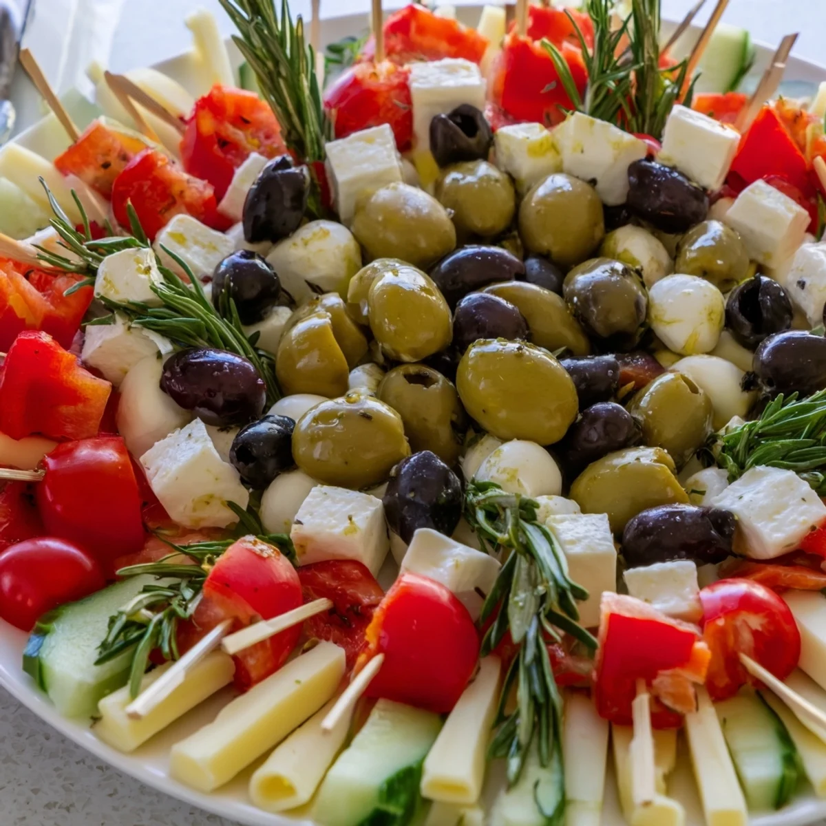 Mediterranean cheese & olives pine tree, an elegant appetizer with olives, cheese, and festive red pepper ornaments.