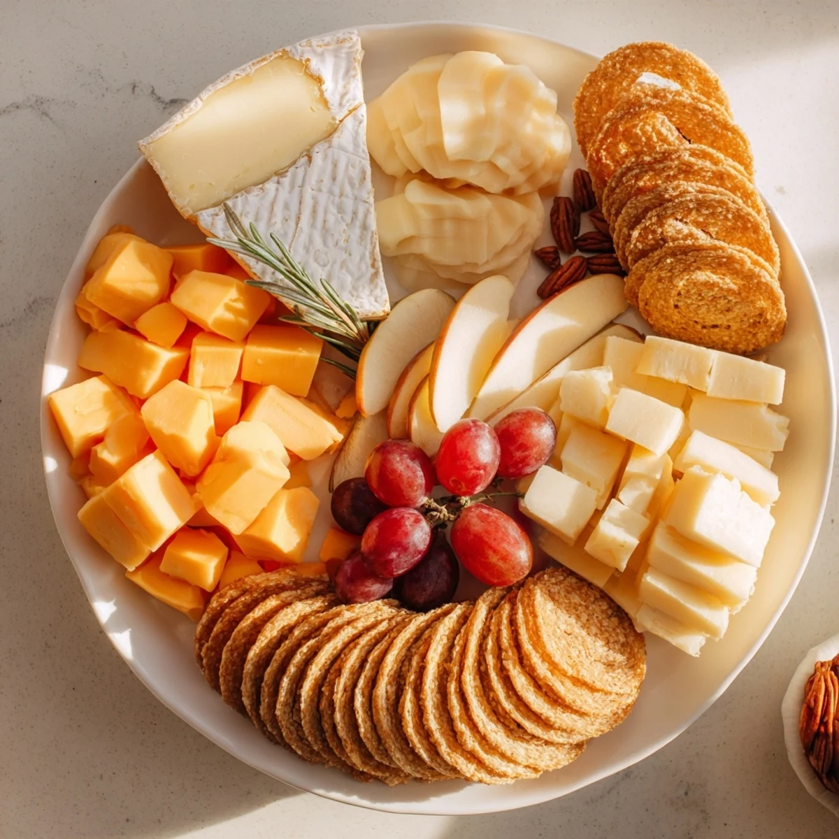 A tempting Cheese Plate featuring creamy Brie, sharp cheddar, and various crackers for easy serving.