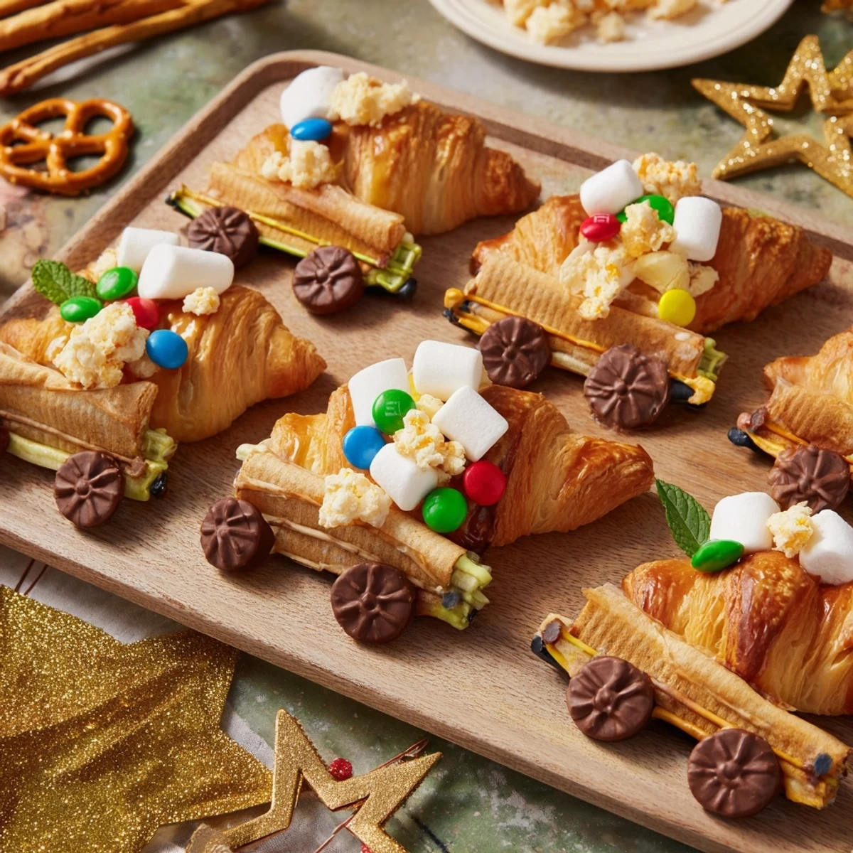 The vibrant Polar Express Train Treat Board is overflowing with chocolate, cheese, and crunchy snacks.