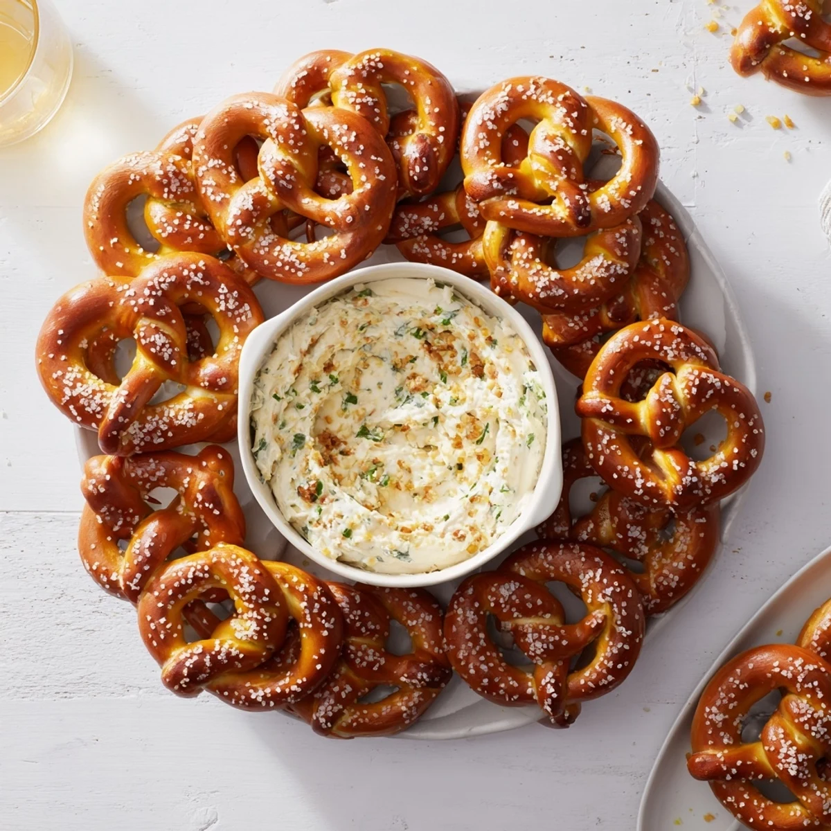 Warm, pull-apart pretzel wreath dip, featuring bubbly cheese at its delicious center.
