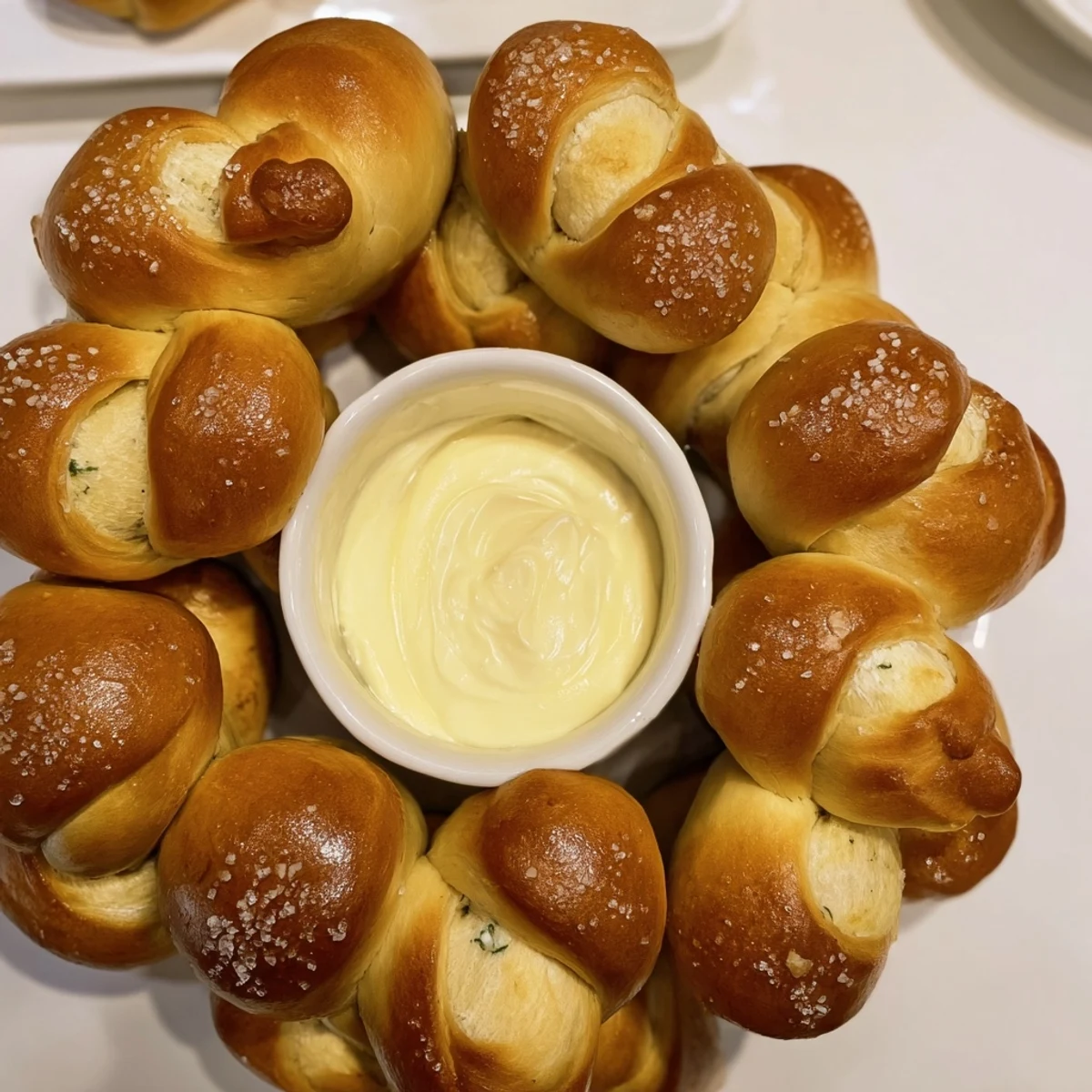 Golden brown pretzel wreath dip ring with melted cheese, perfect for a party.