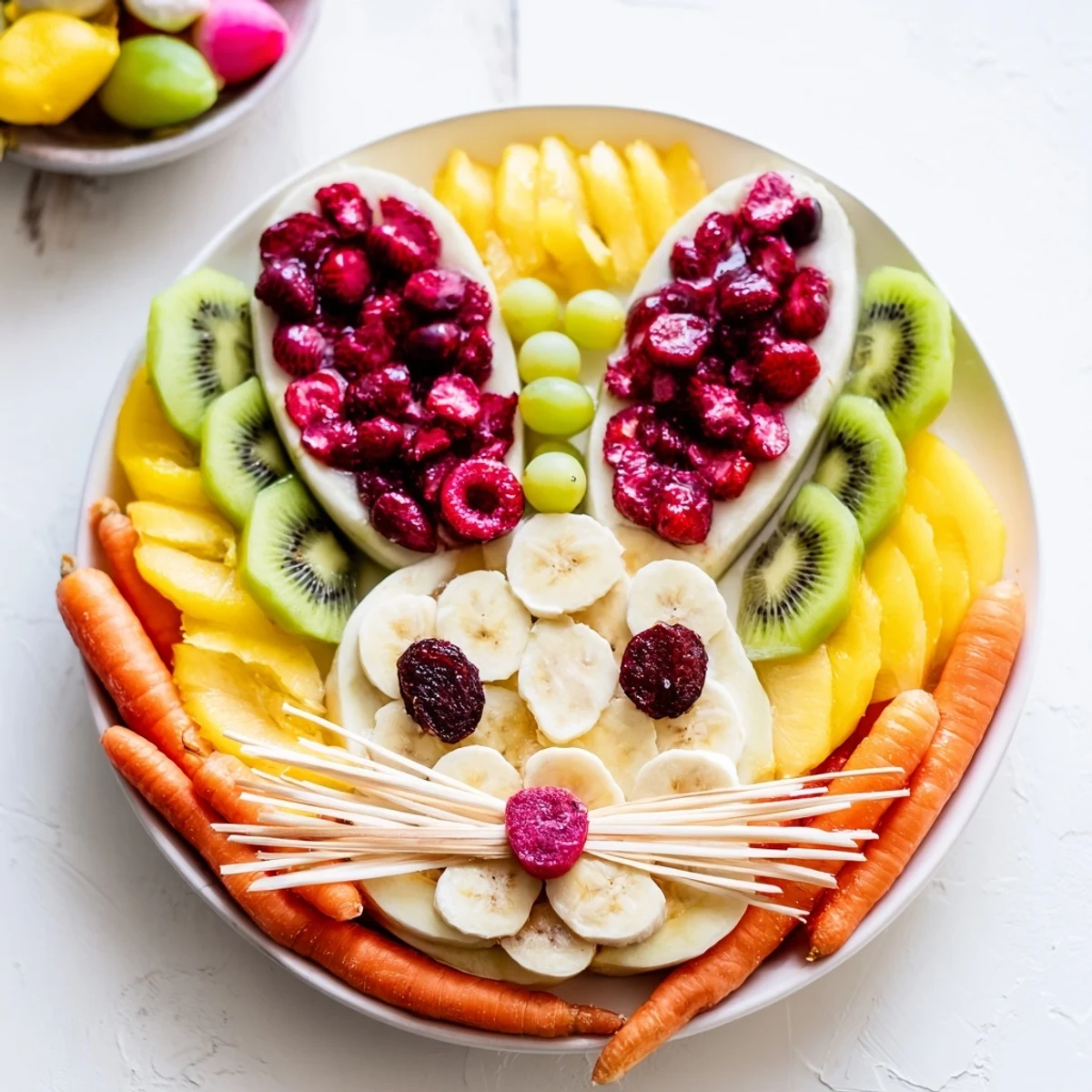 A delightful Bunny Face Fruit Salad Platter features colorful fruit arranged in a festive, appealing display.