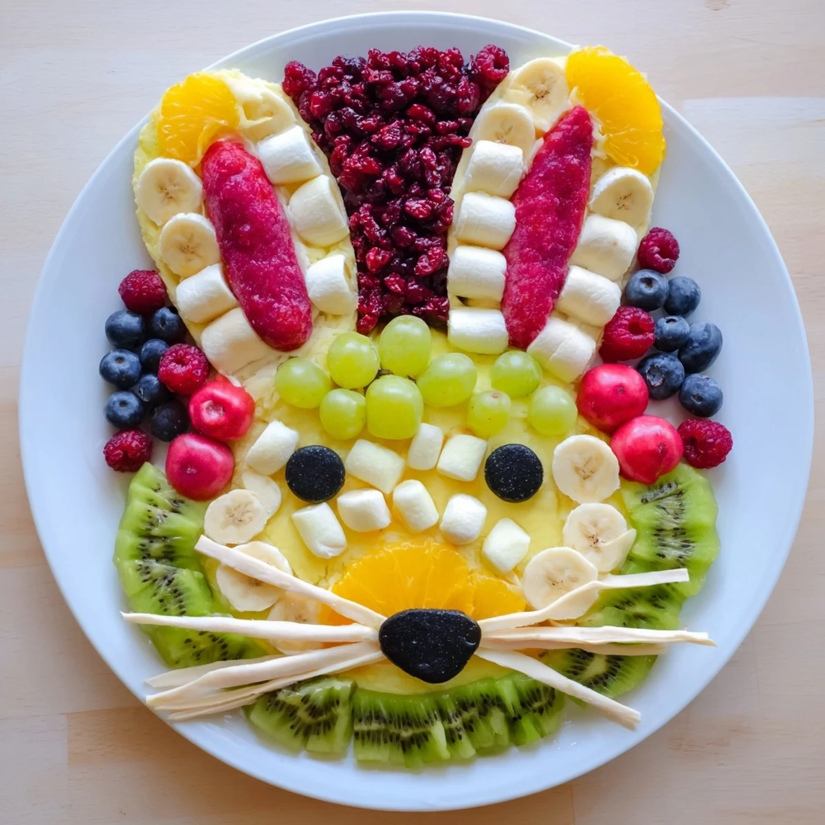 Bunny Face Fruit Salad Platter with vibrant strawberries, kiwi ears, and blueberry eyes is ready.