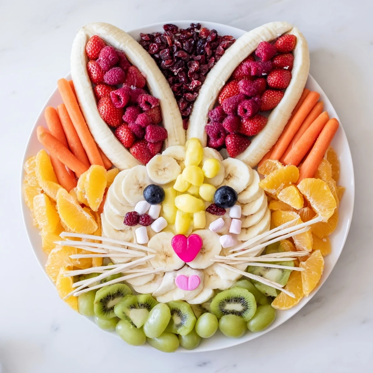 Enjoy a refreshing and adorable Bunny Face Fruit Salad Platter, perfect for Easter brunch or a party.