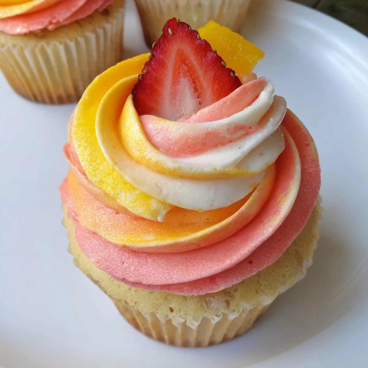 Mango Strawberry Sunset Cupcakes, frosted with a swirl of sunset colored buttercream, ready to enjoy.