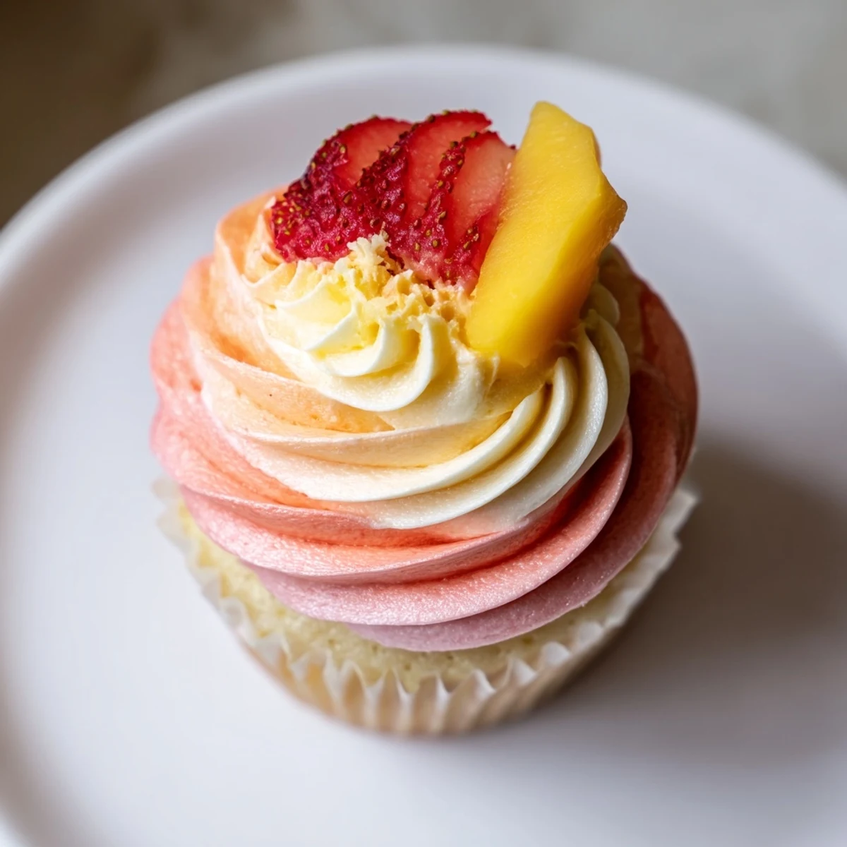 Fresh mango and strawberry slices adorn these beautiful Mango Strawberry Sunset Cupcakes in a close-up.