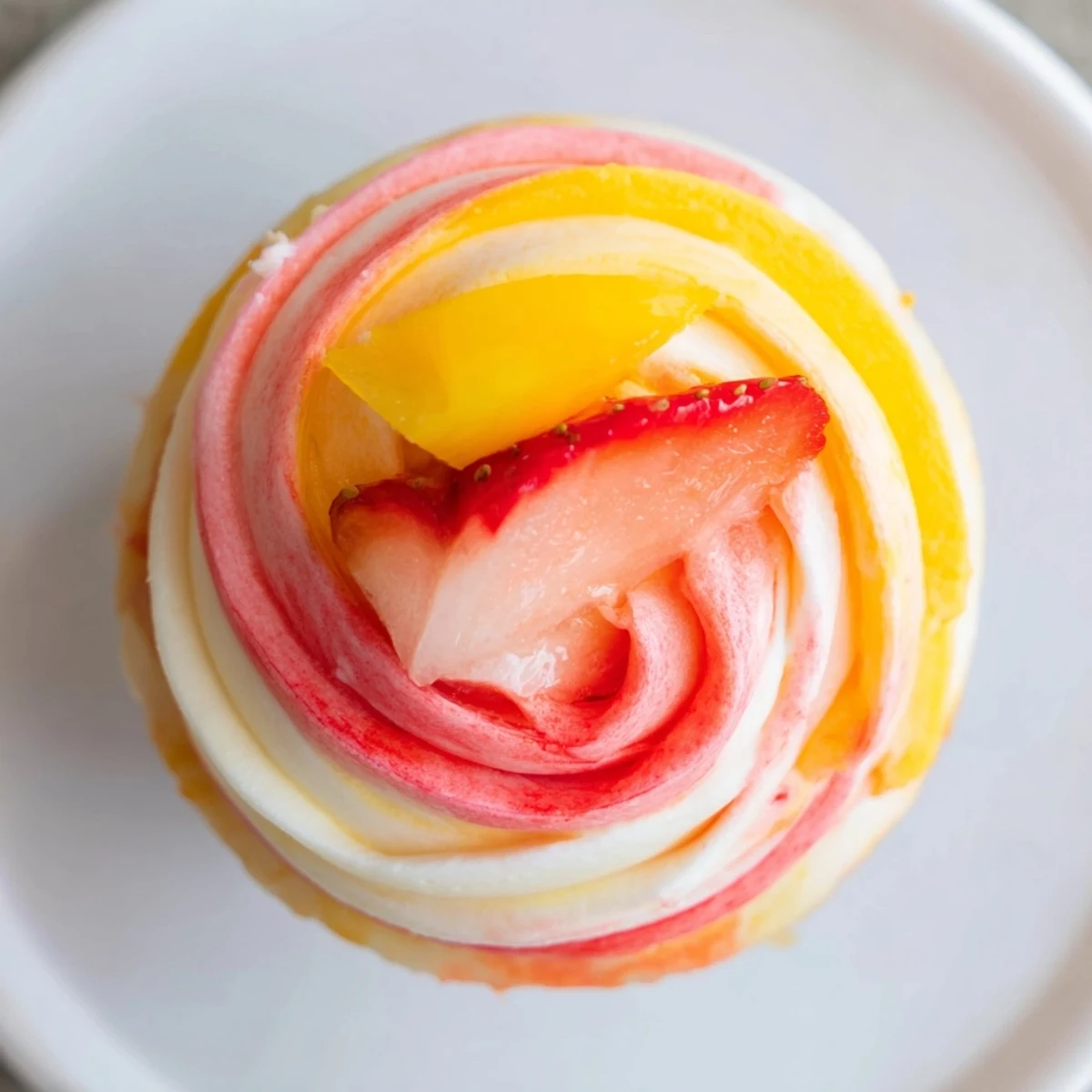 Golden baked Mango Strawberry Sunset Cupcakes, filled with strawberry jam, showcase a dreamy sunset frosting.