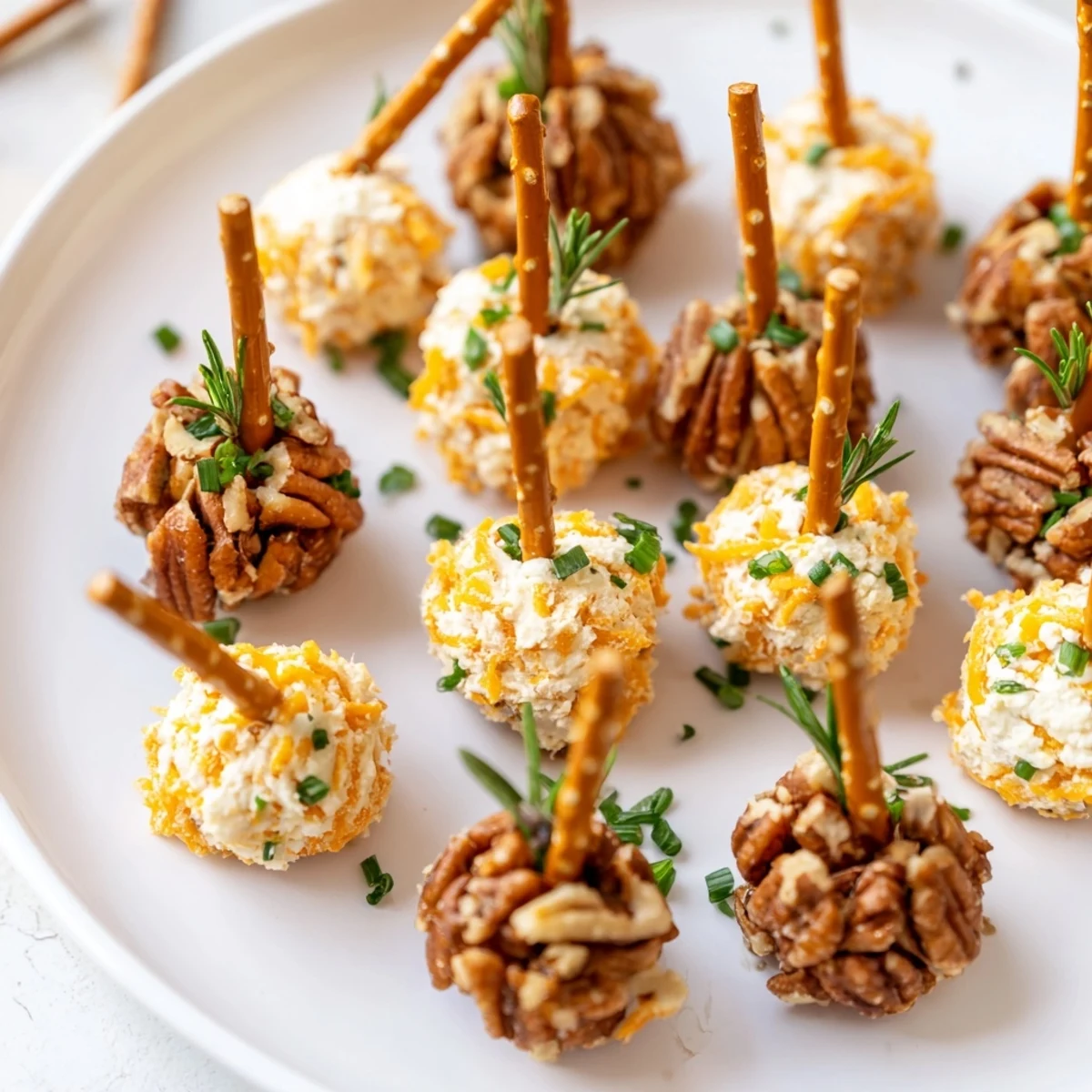 Savory acorn shaped cheese ball bites, rolled in nuts and herbs, ready for a fall appetizer.