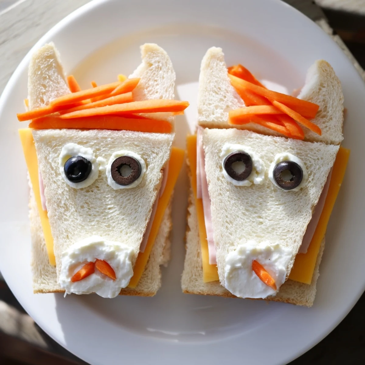 Kid-friendly horse head sandwich cutouts filled with cheese and turkey, ready to brighten any lunchbox.