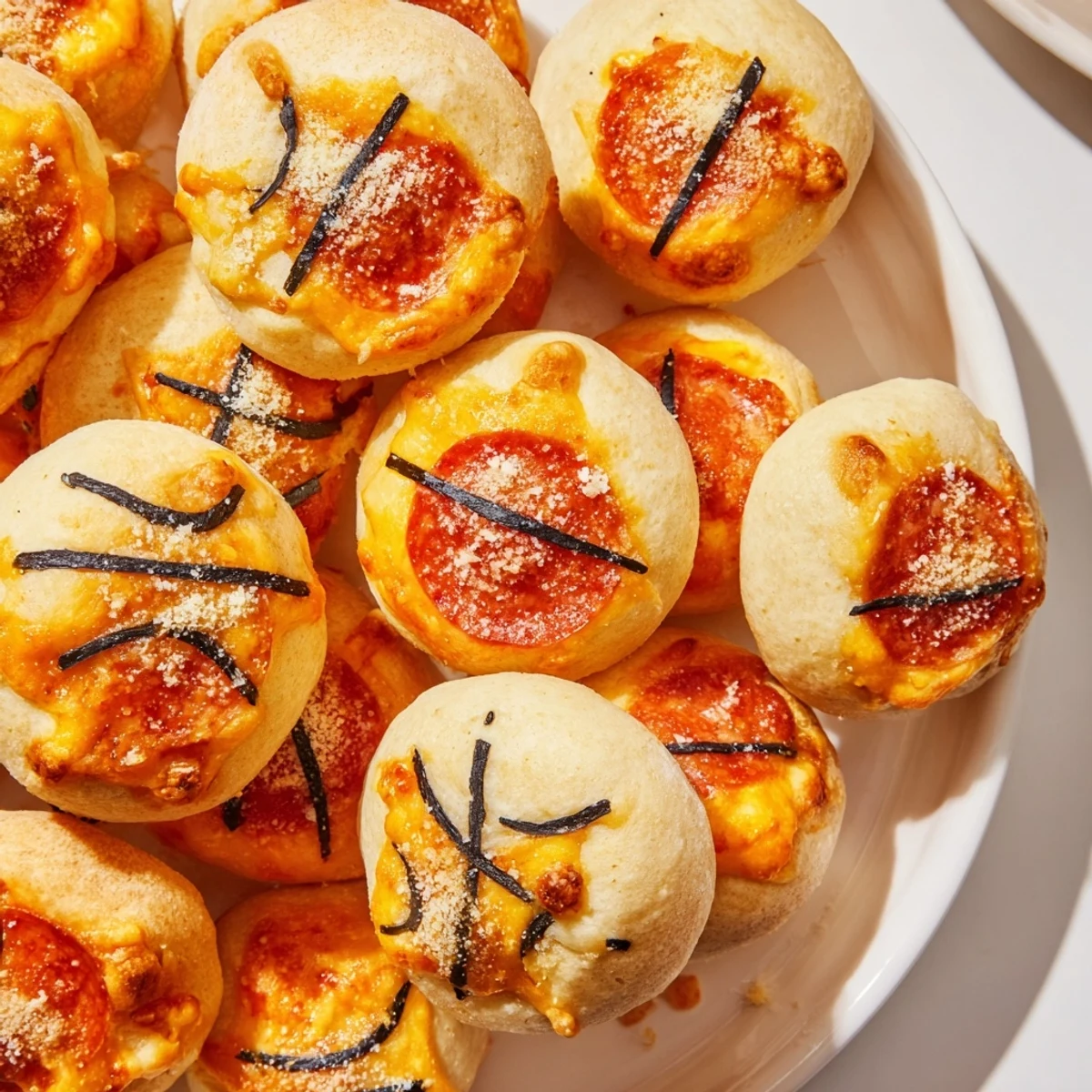Homemade basketball pizza bites featuring pepperoni, perfectly baked and garnished with olive "lines."