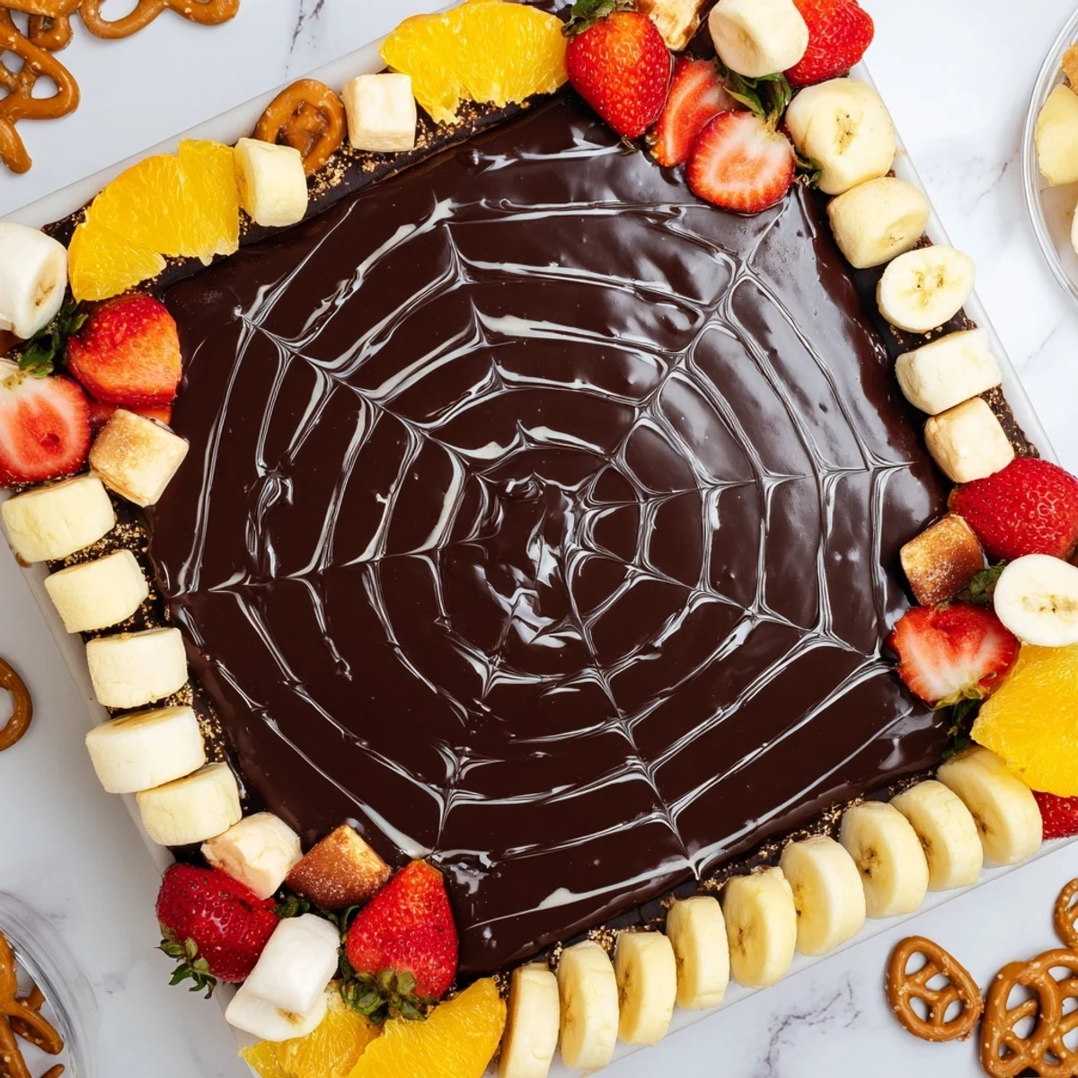 Guests will delight in the artistic, dark chocolate Spiderweb Ganache Board at your next party.