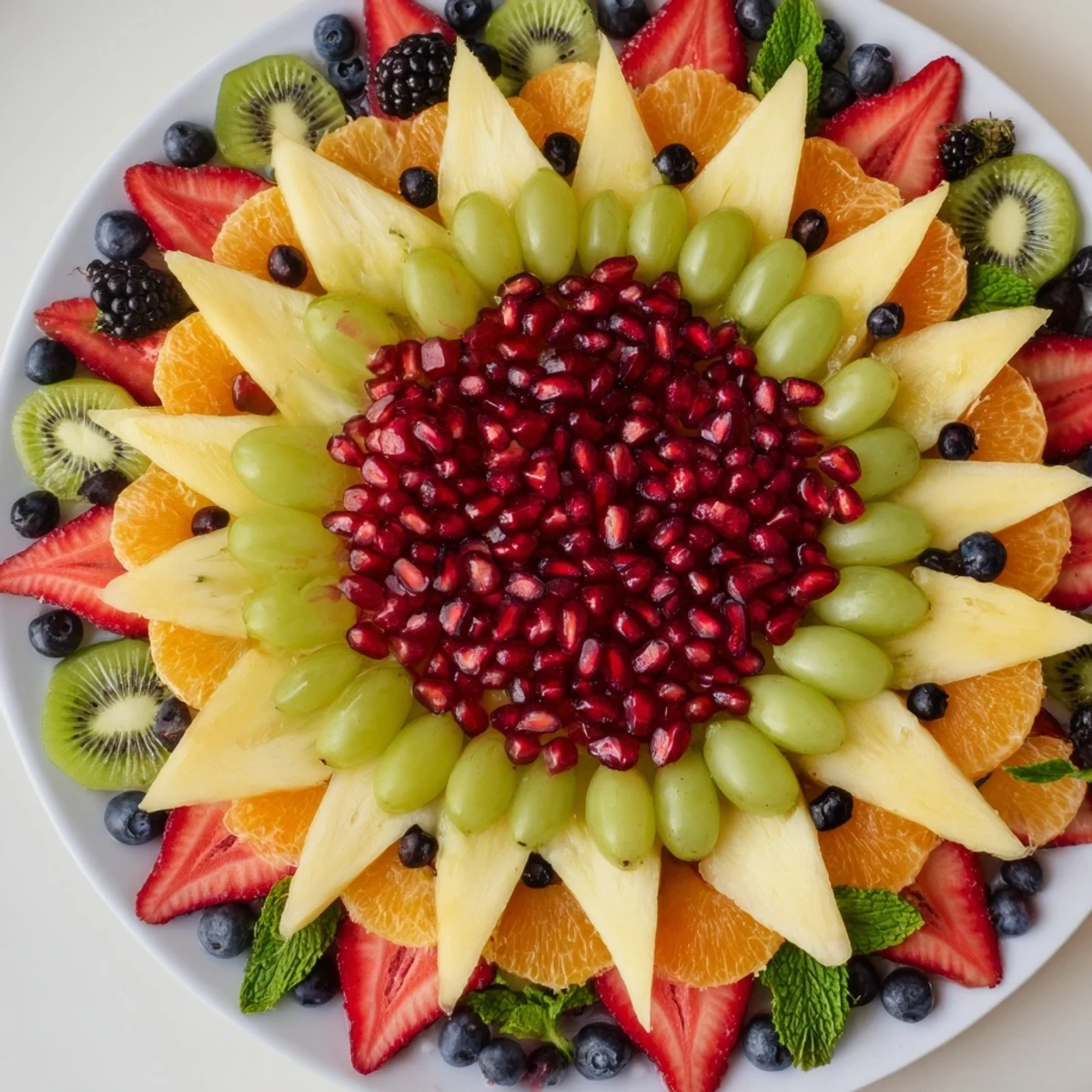 Cool, refreshing Pomegranate Starburst Platter with pineapple, kiwi, and berries, a beautiful, festive fruit arrangement.