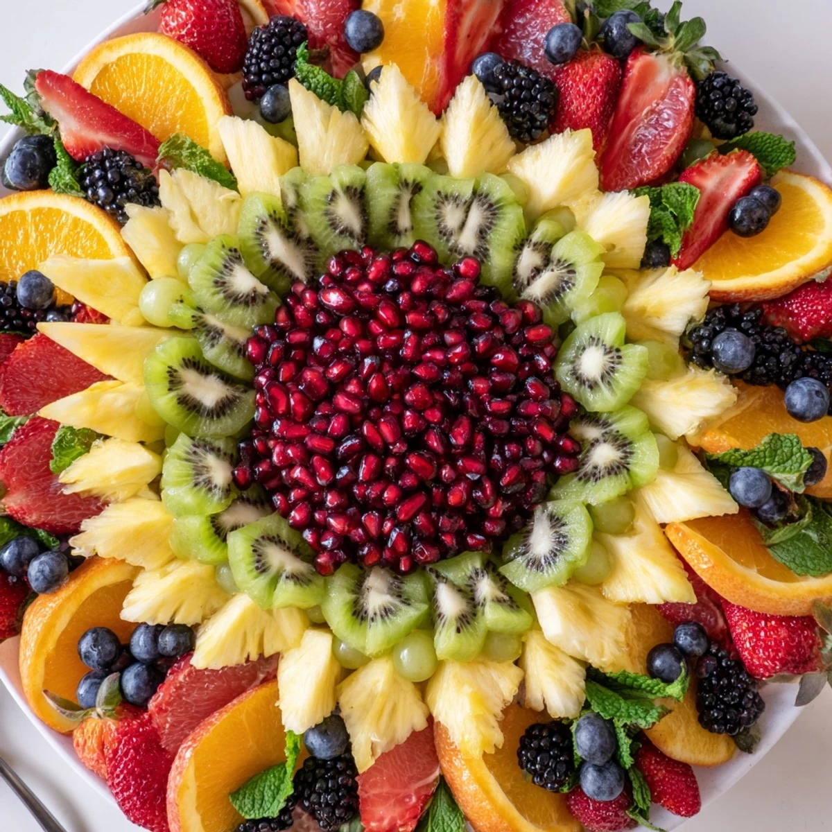 Fresh Pomegranate Starburst Platter: A healthy snack featuring ruby-red pomegranate, orange segments, and sweet grapes.