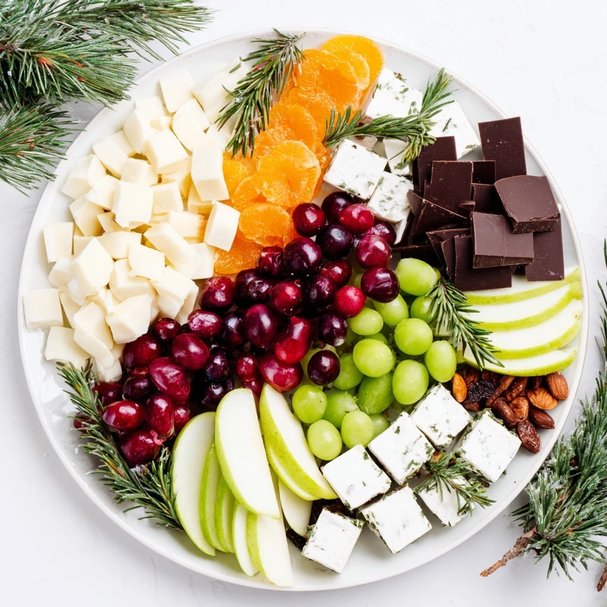 A beautiful Cranberry Joy Tree Board loaded with cheese, grapes, cranberries, and fresh rosemary sprigs.