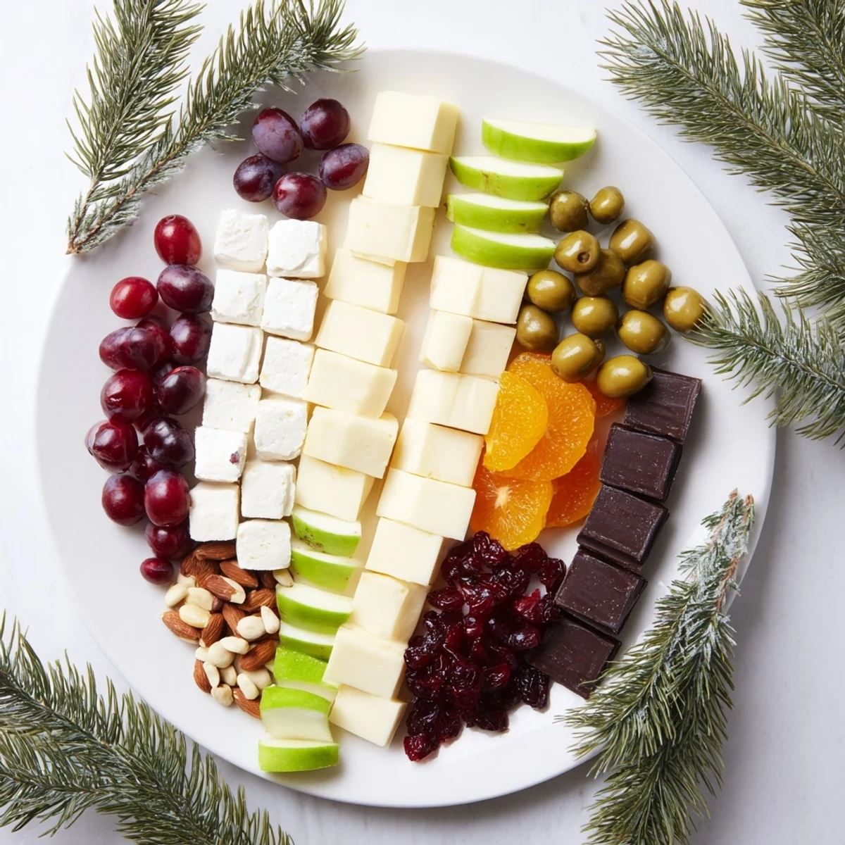 Visually appealing Cranberry Joy Tree Board appetizer featuring an array of cheeses, crackers, fruits, and olives.