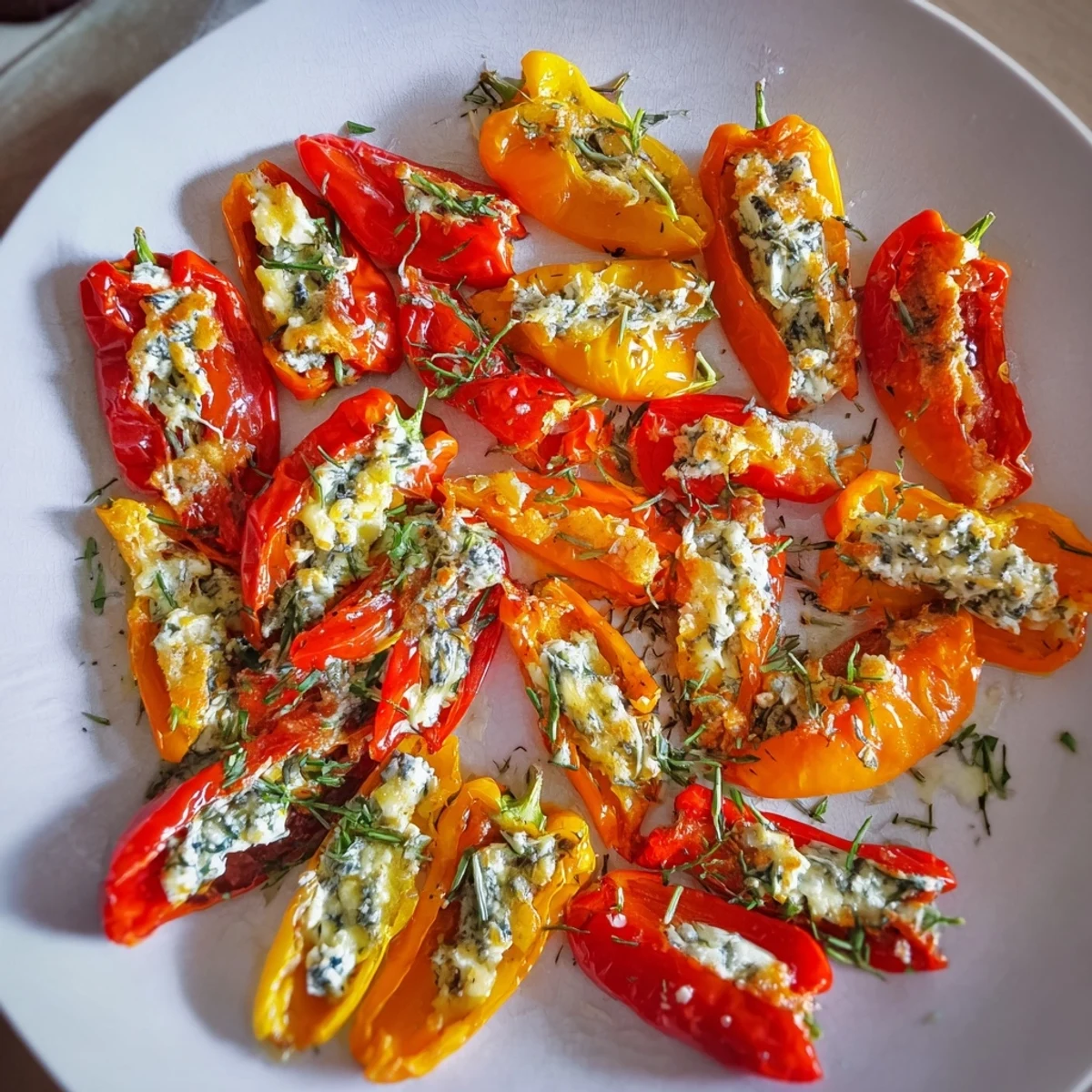 Brightly colored mini bell pepper halves overflowing with creamy feta filling for a vibrant appetizer.