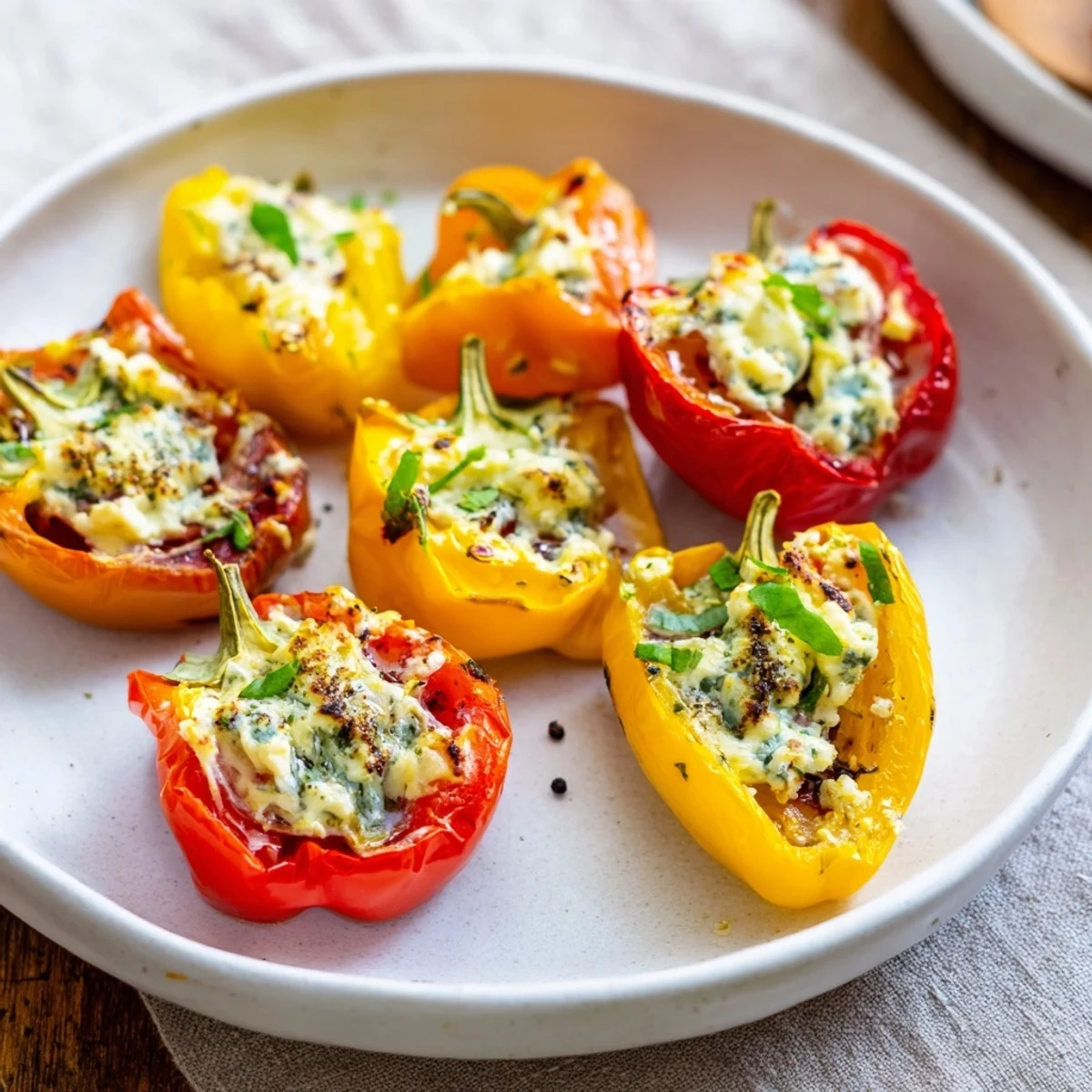 Freshly filled mini bell pepper halves garnished with herbs, a delicious Mediterranean feta appetizer, ready to serve.