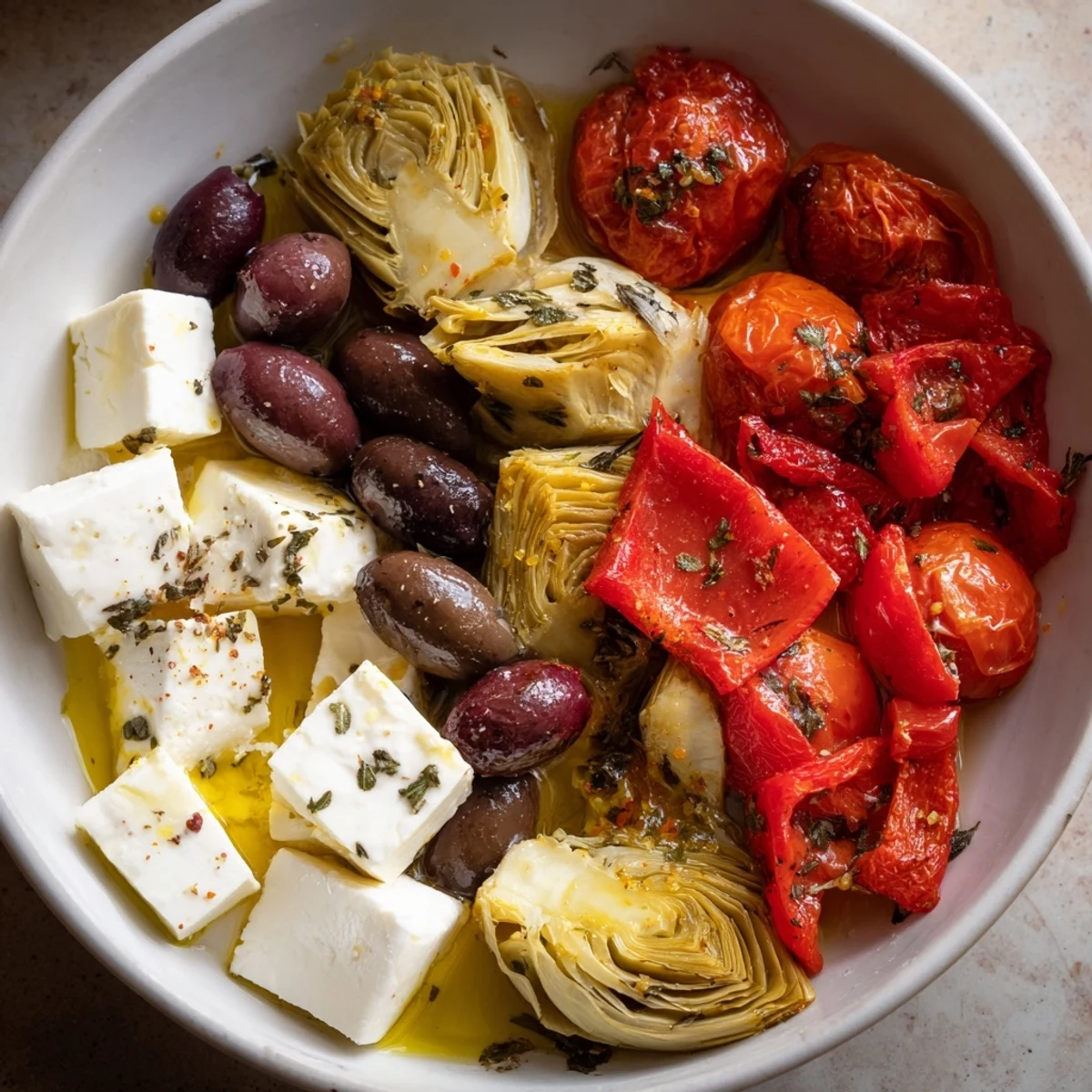 Savory Black Olive and Sun-Dried Tomato Platter, bursting with feta and vibrant Mediterranean flavors.