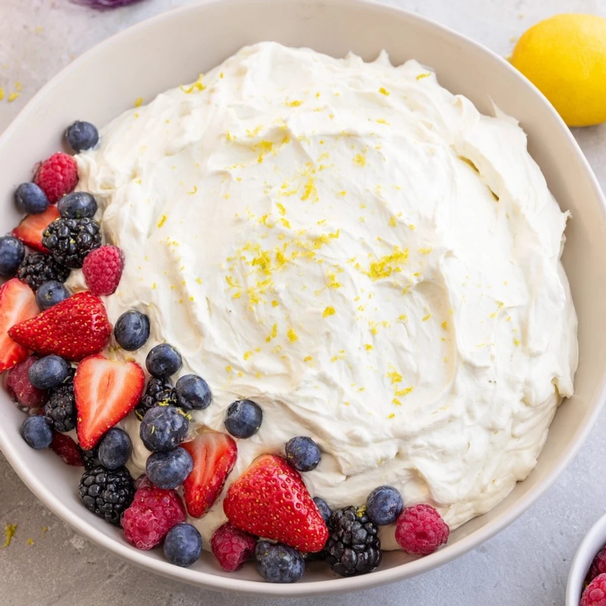 Fluffy cream cheese fruit dip with vibrant red strawberries and plump berries ready for dipping.