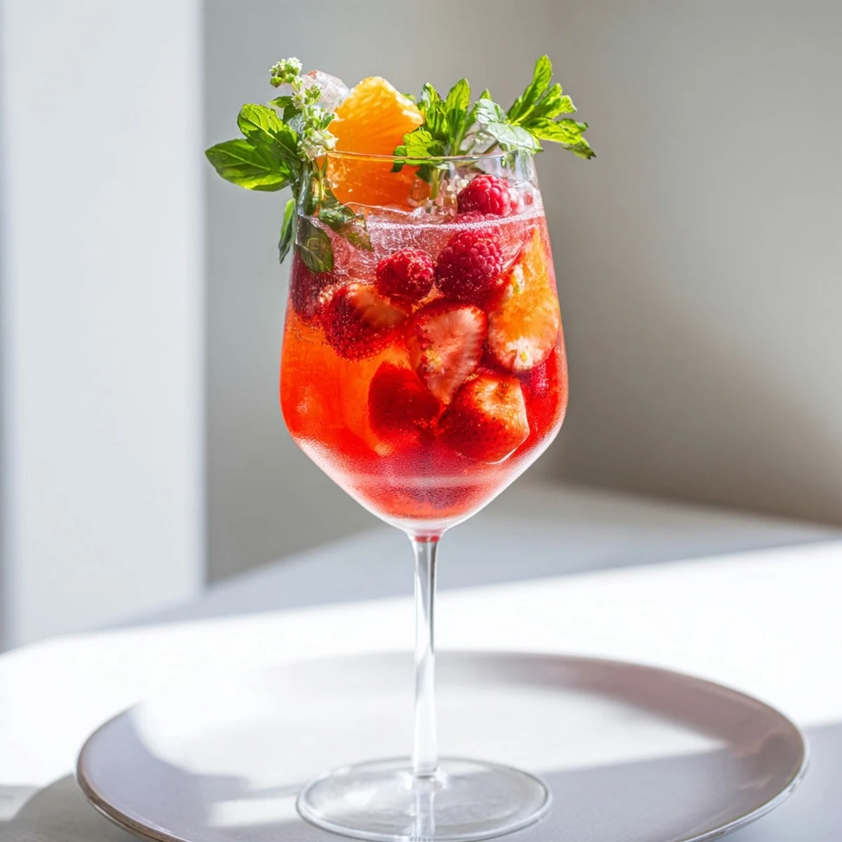 A tall glass of vibrant Sparkling Juice with Raspberries, garnished and ready to be enjoyed.