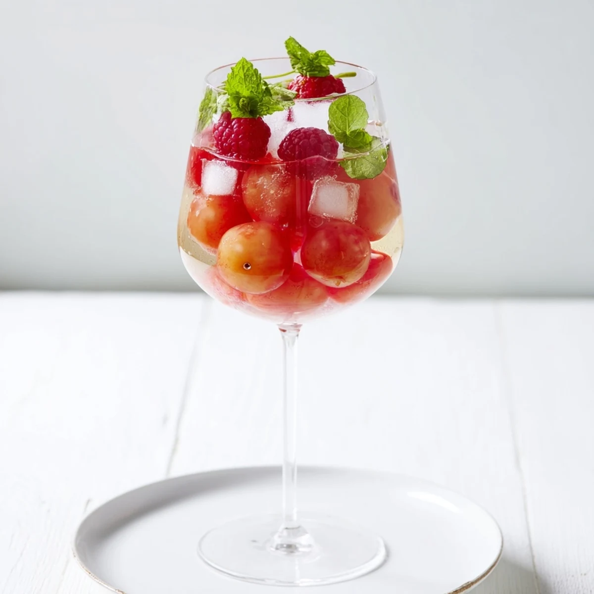 Close-up of Sparkling Juice with Raspberries, showcasing the bubbly drink and plump, fresh berries.