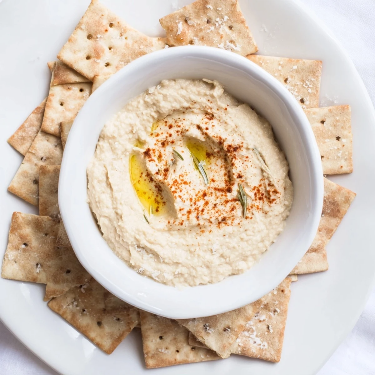 A close-up of beautifully baked rosemary Holiday Crackers, ideal for holiday appetizer spreads with hummus.