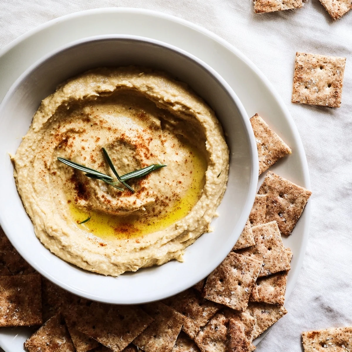 Warm, inviting shot of the vegan Holiday Crackers paired with a vibrant hummus for a tasty festive snack.