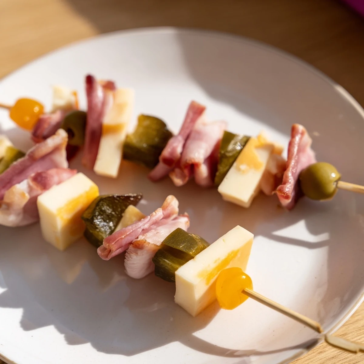 These flavorful Savory Skewers: Meat, Cheese, and Pickle Cube Skewers showcase colorful cubes of meat, cheese, and tart pickles.