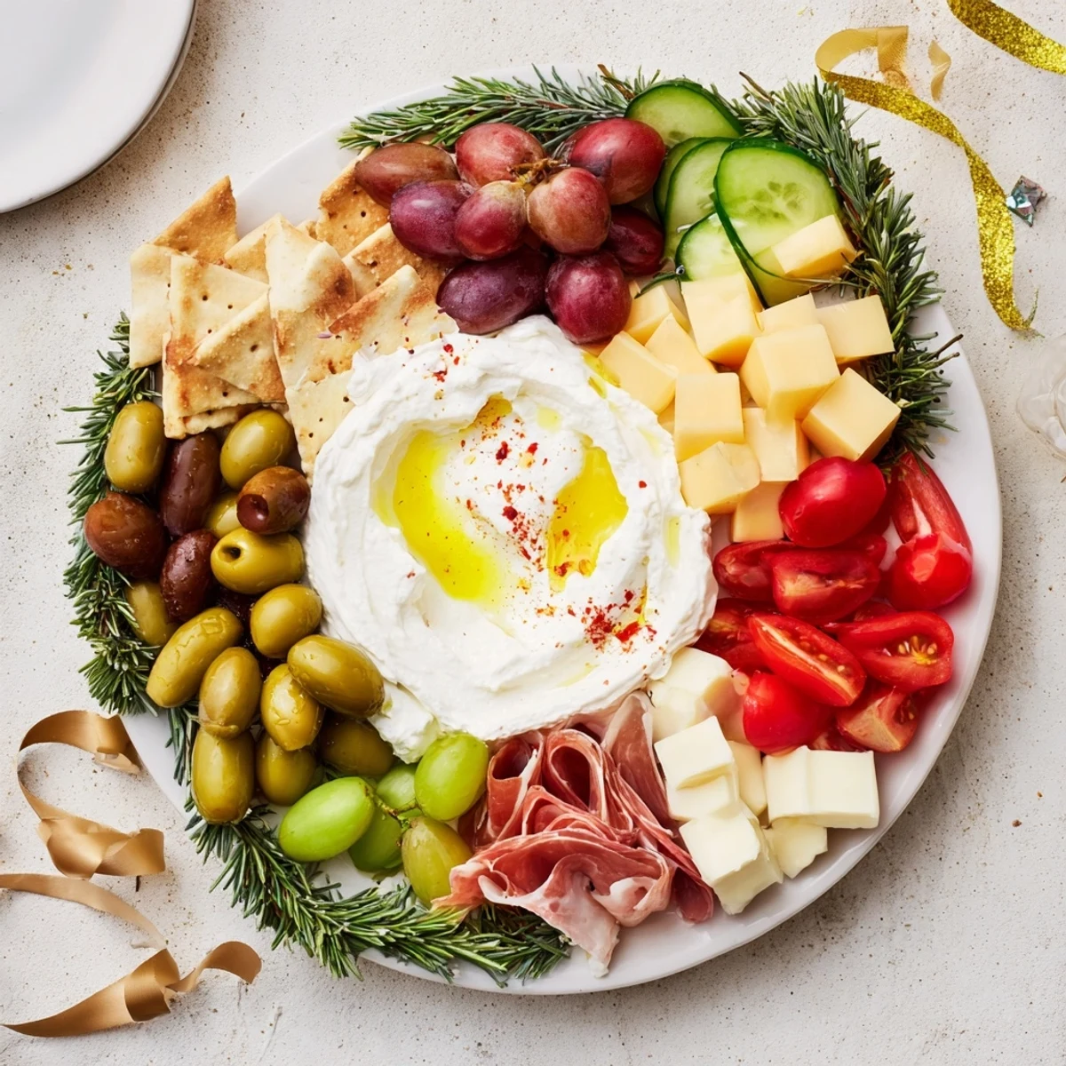 A festive Evergreen Wreath Board appetizer showcasing a beautiful arrangement of cheeses, meats, and colorful fruits.
