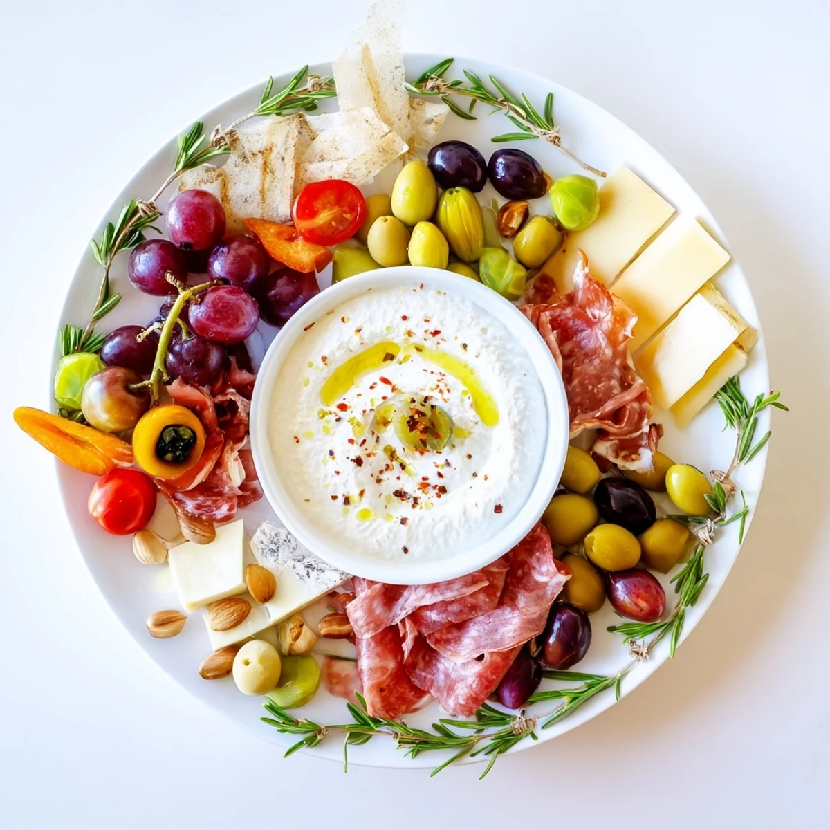 This Evergreen Wreath Board appetizer features fresh rosemary and olive branches encircling a creamy dip, ready to be enjoyed.
