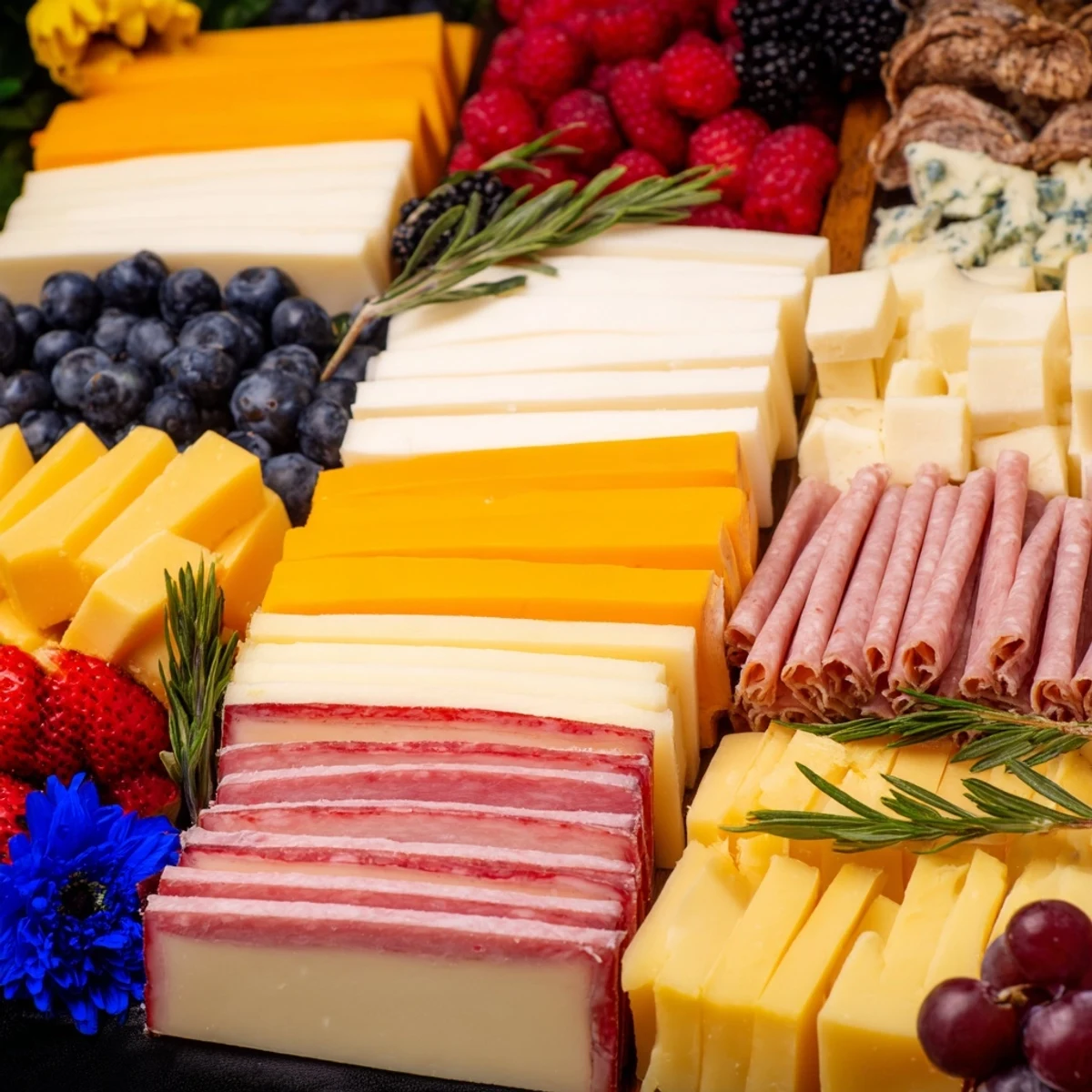 This artistic Nutcracker Suite Board presents a stunning array of cheeses, fruits, and charcuterie for serving.