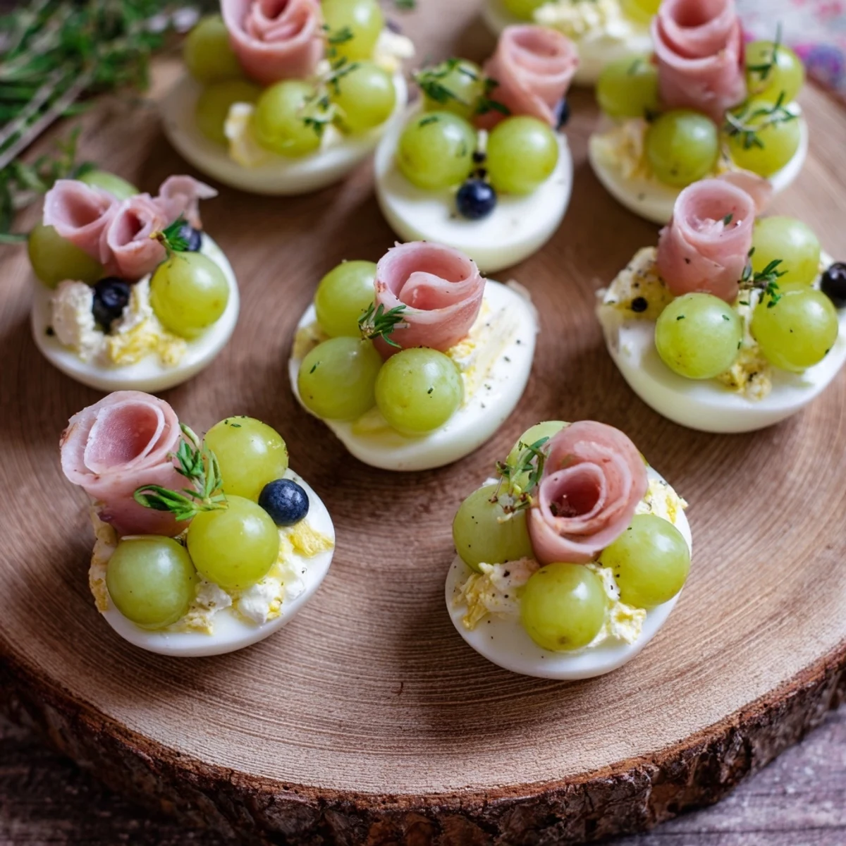Delicious Mistletoe Kissing Ball, a beautiful arrangement of cheese, grapes, and prosciutto ready to eat.