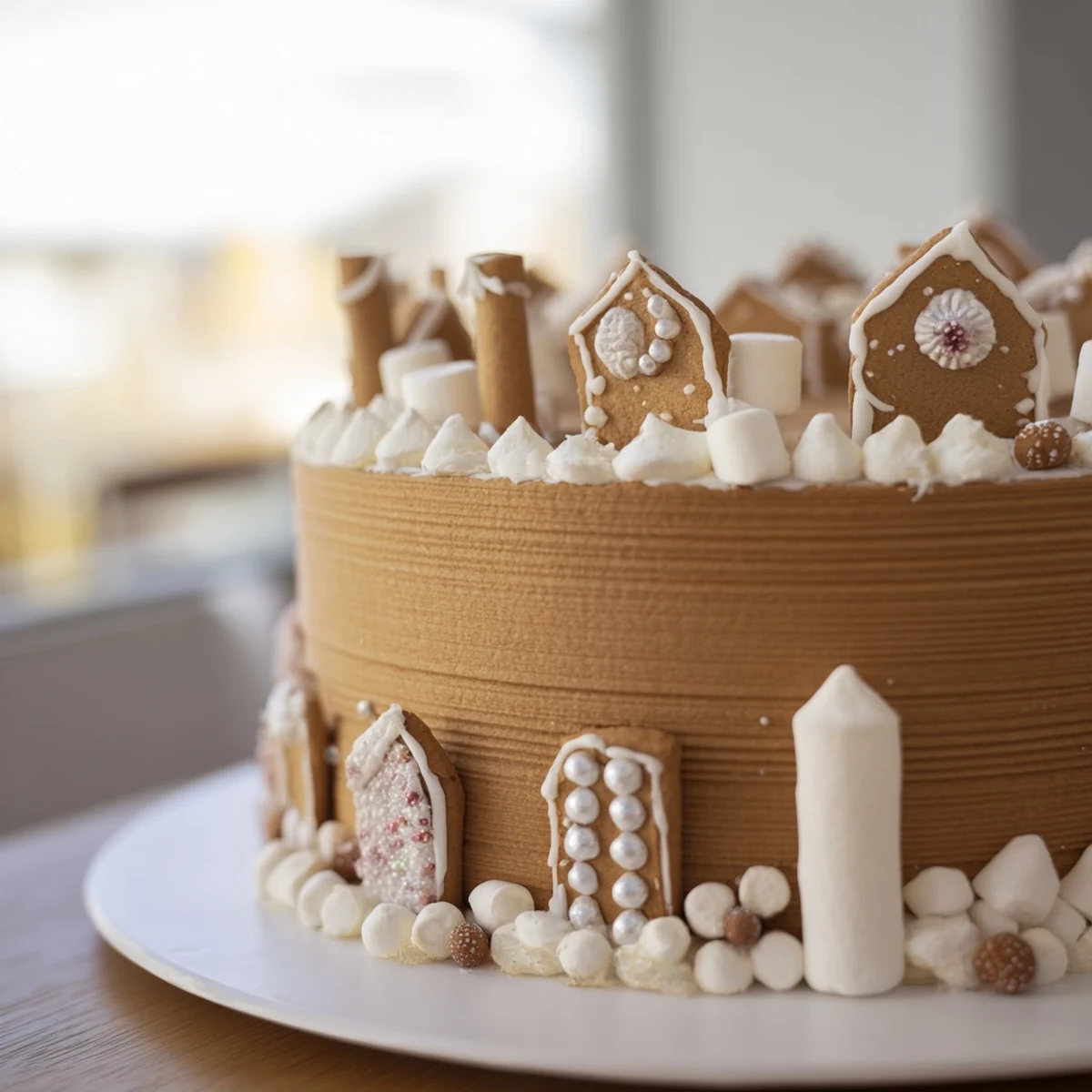 Frosty royal icing accents the gingerbread house frame, displaying colorful candies around a festive dessert scene.