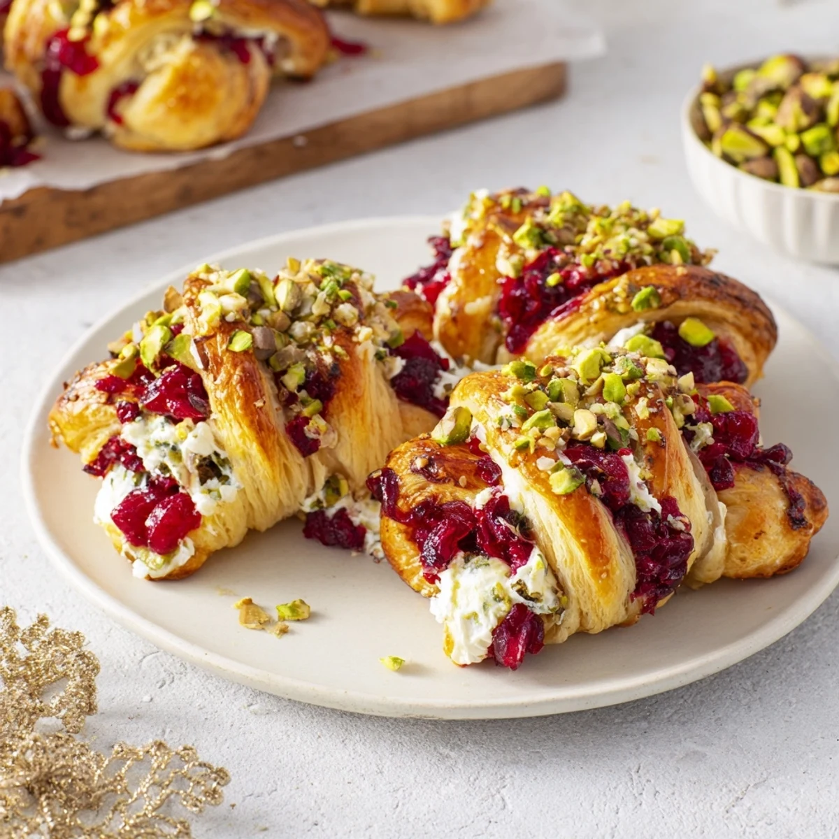 Festive Cranberry Christmas Star appetizer: a starburst of puff pastry with sweet cranberry and creamy cheese.