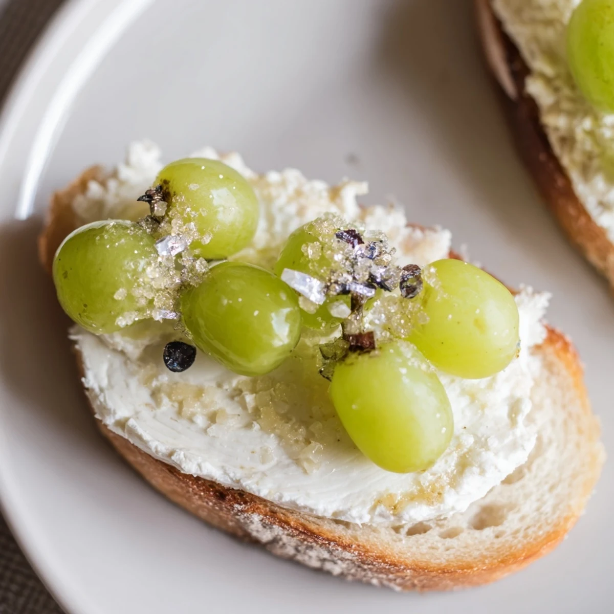 Delicate Sparkling Champagne Toast appetizers: Toasted bread crowned with bubbly grapes and edible gold dust.