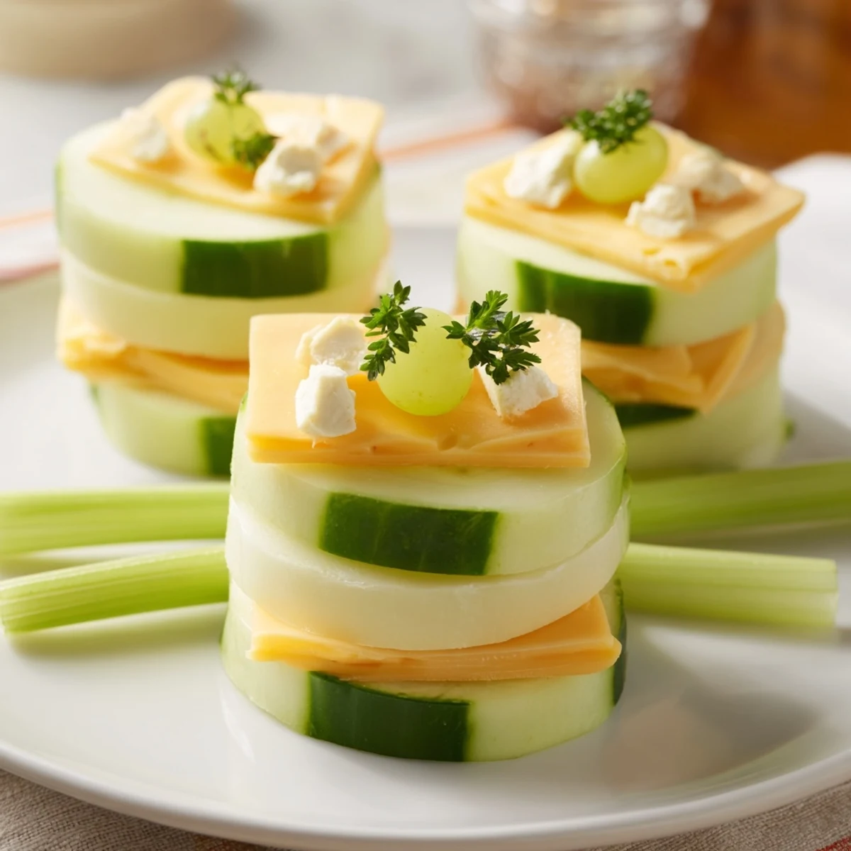 A fun, festive view of the Lucky Four-Leaf Clover Snack, with fresh green celery stems.
