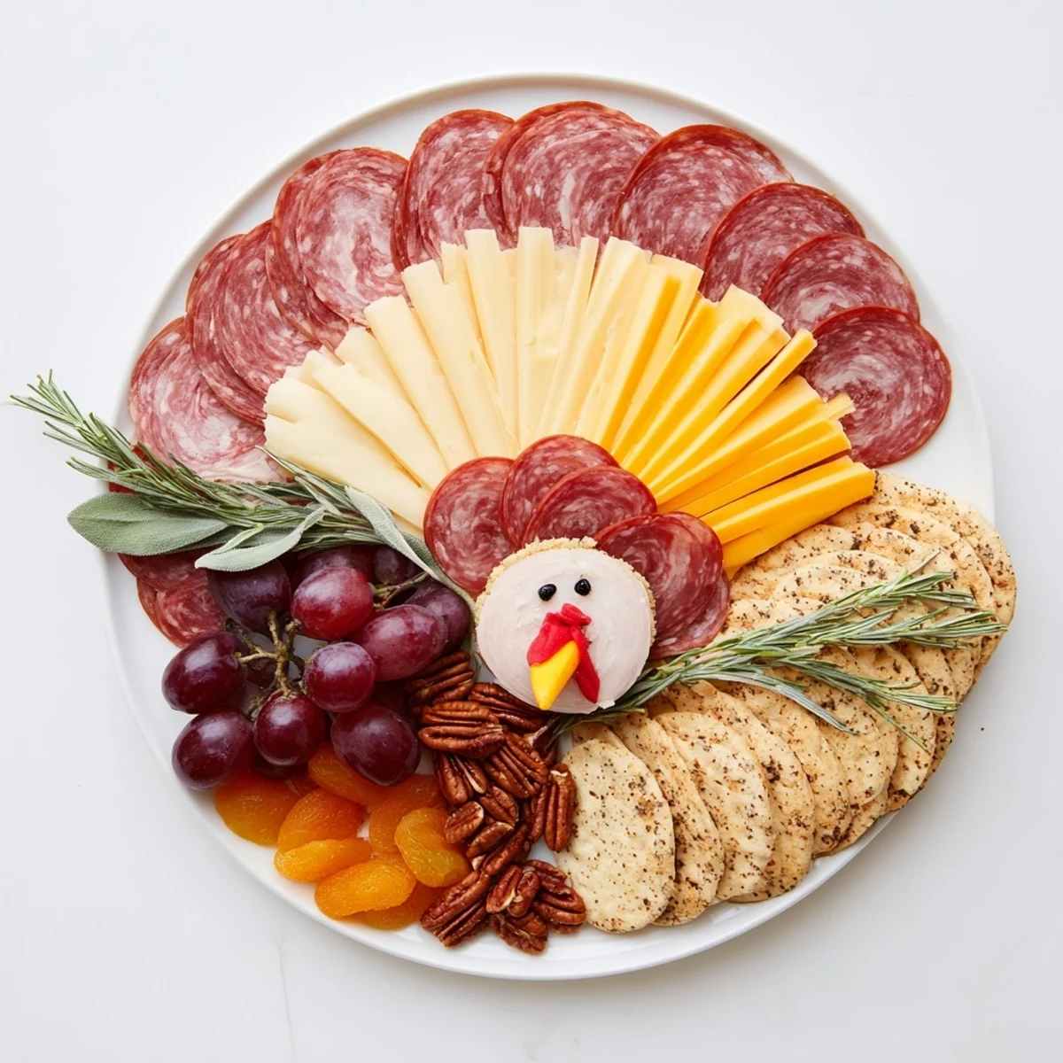 A visually stunning photo of The Turkey Tail Fan charcuterie board, ready for Thanksgiving!